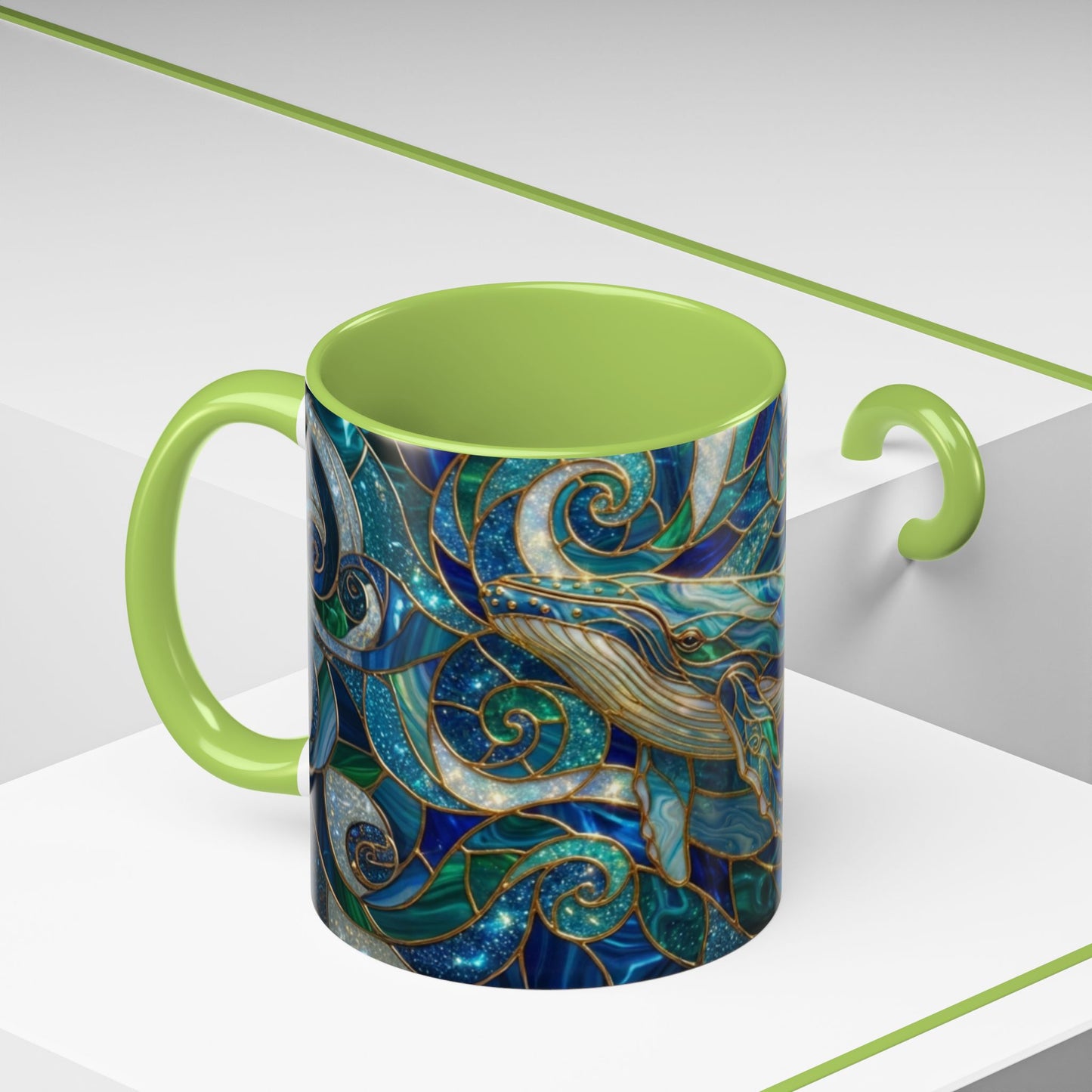 Stained Glass Whale Mug, Ocean Art Coffee Cup, Blue Sea Life Design, Nautical Gift For Ocean Lovers, Colorful Stained Glass Whale Cup