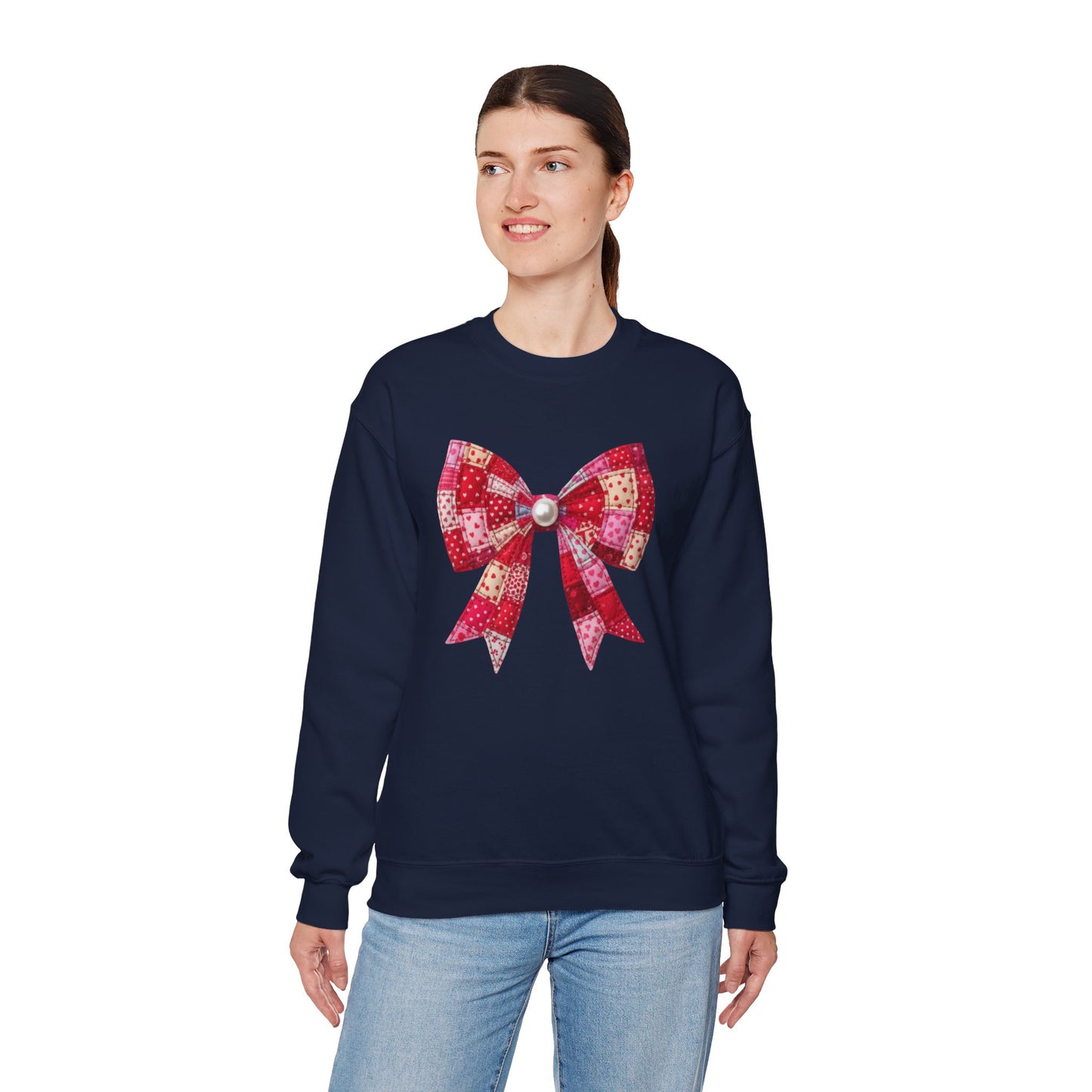 Faux Patchwork Bow Sweatshirt, Quilted Look Bow Crewneck, Pearl Bow Pullover, Cozy Coquette Sweatshirt, Girly Valentine Gift