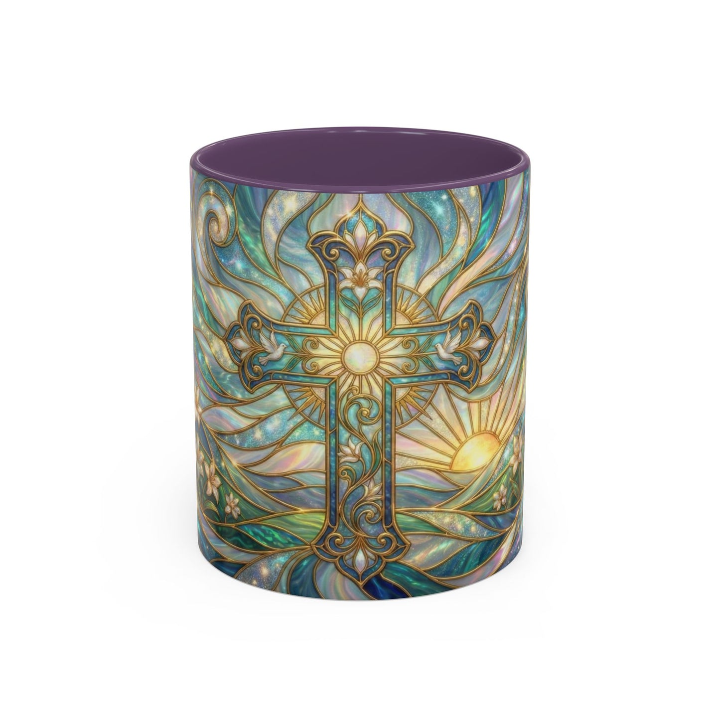 Stained Glass Cross Mug, Christian Coffee Cup, Religious Easter Gift, Celestial Faith Mug, Spiritual Sunrise Cup, Dove Lily Print Mug