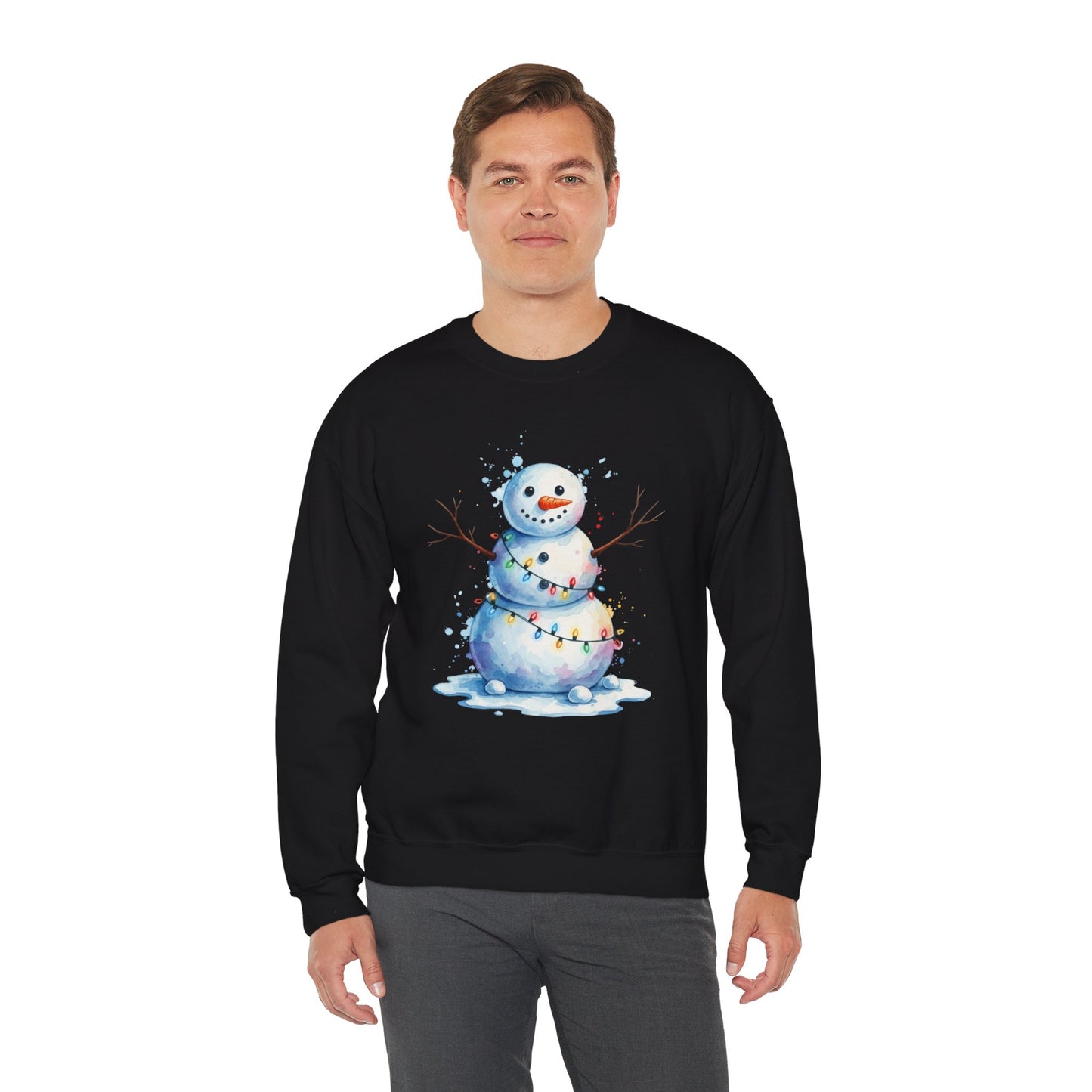 Watercolor Snowman Christmas Sweatshirt, Cute Snowman Crewneck for Winter, Holiday Lights Snowman Sweater, Cozy Unisex Christmas Gift