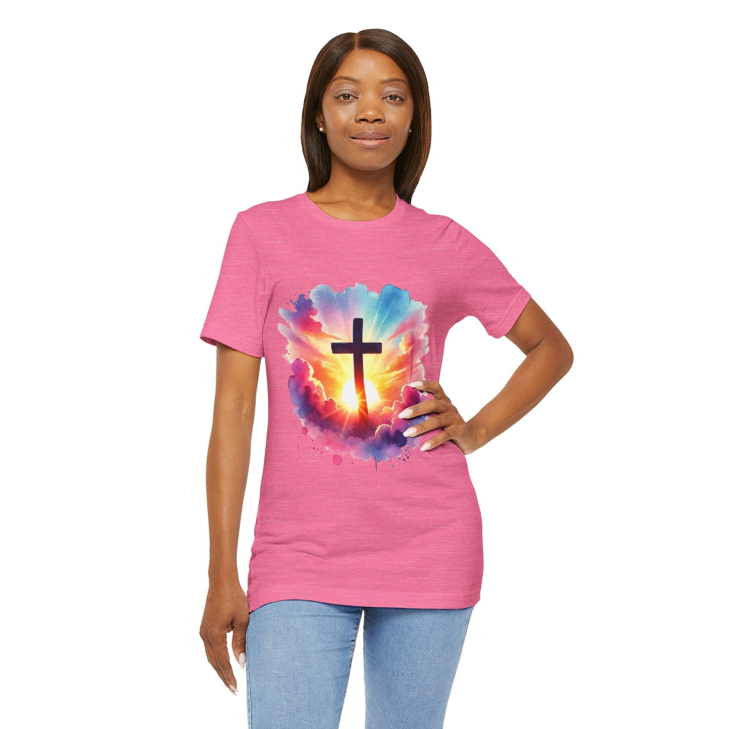 Faith Cross Sunburst Christian Tee | Inspirational Christian T-Shirt | Colorful Sunrise Cross Shirt | Faith Gifts for Women Men