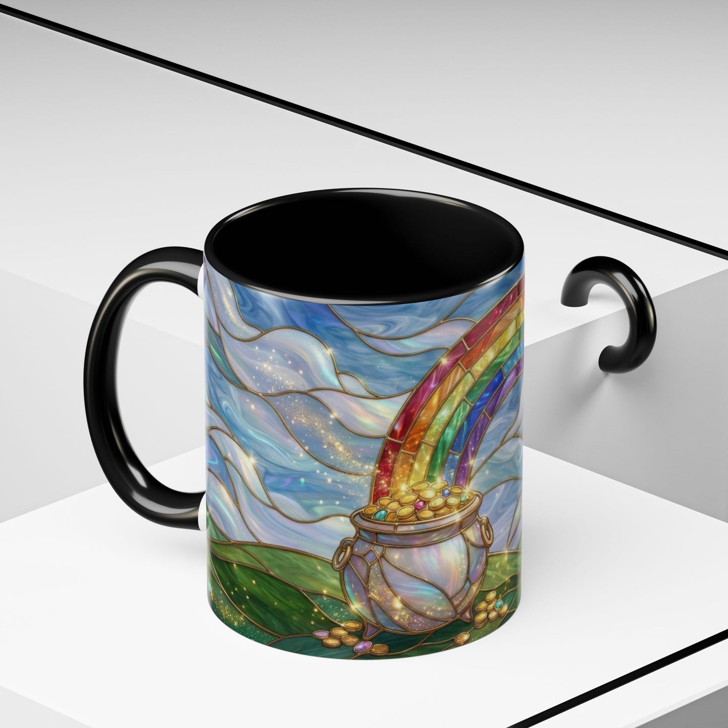 Stained Glass Rainbow Mug, Pot Of Gold Coffee Cup, St Patricks Day Gift, Whimsical Magical Art Mug, Lucky Irish Leprechaun Treasure