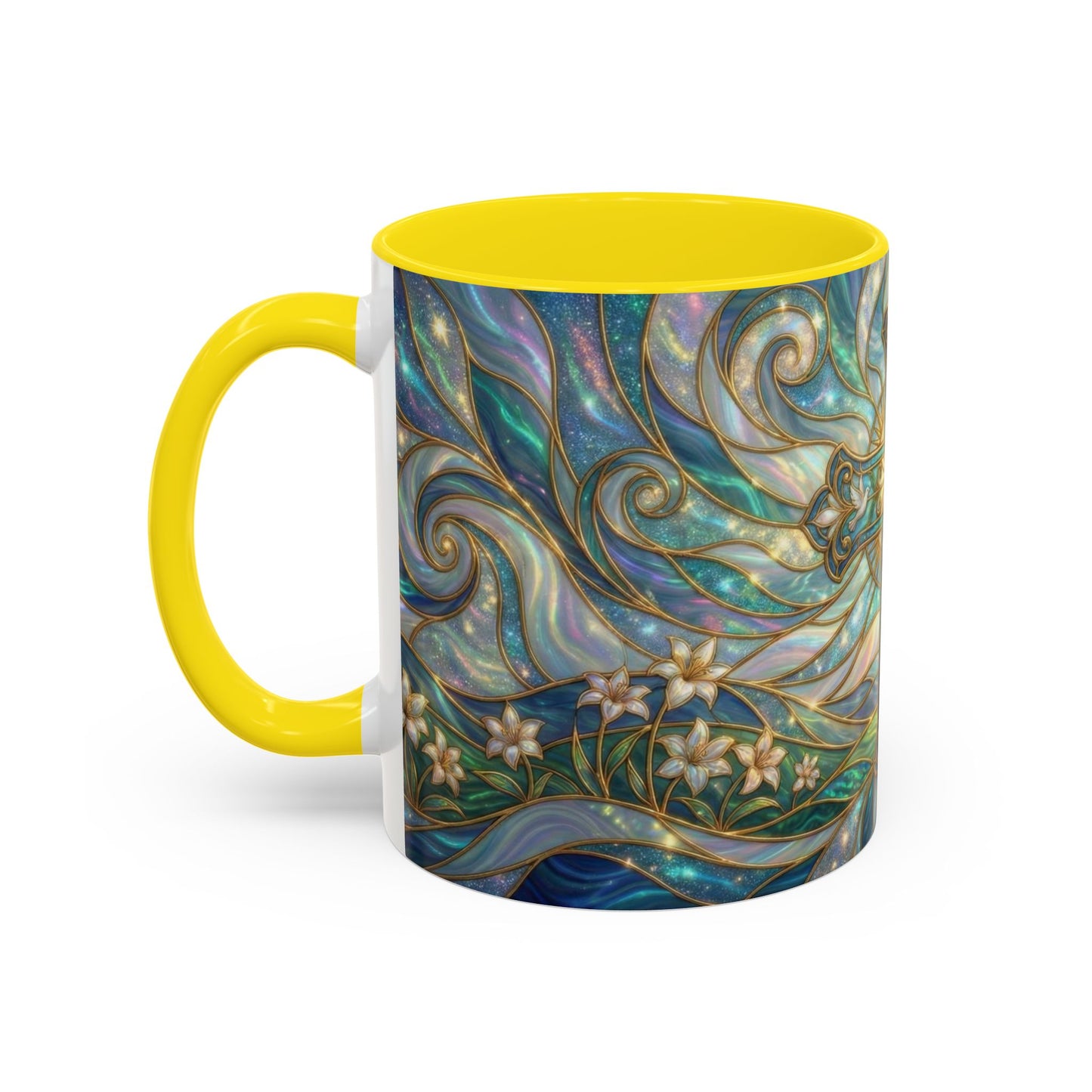 Stained Glass Cross Mug, Christian Coffee Cup, Religious Easter Gift, Celestial Faith Mug, Spiritual Sunrise Cup, Dove Lily Print Mug