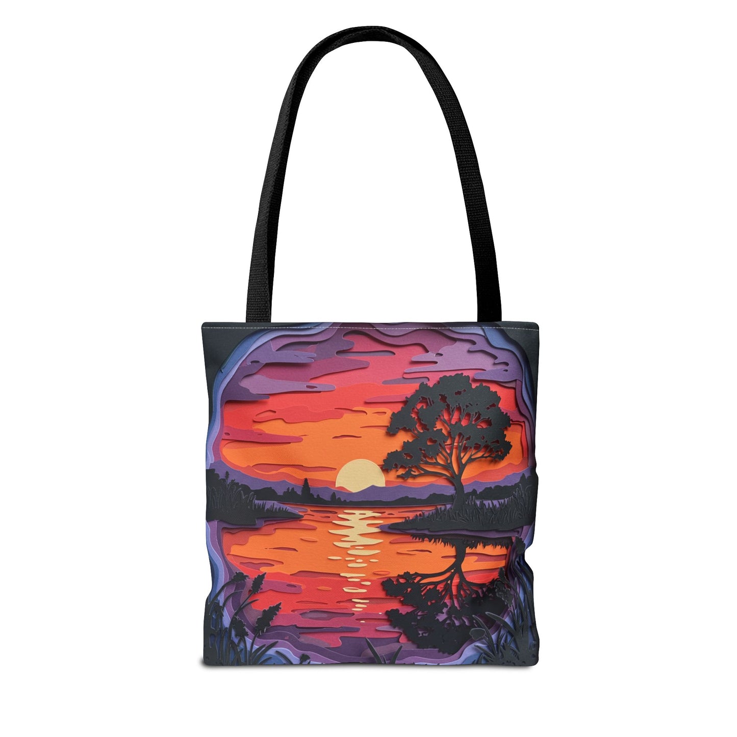 Sunset Landscape Canvas Tote Bag – Paper‑Art Inspired Nature Scene Tote – Colorful Sunset Market Tote, Eco Reusable Beach Bag, Vibrant Gift for Her