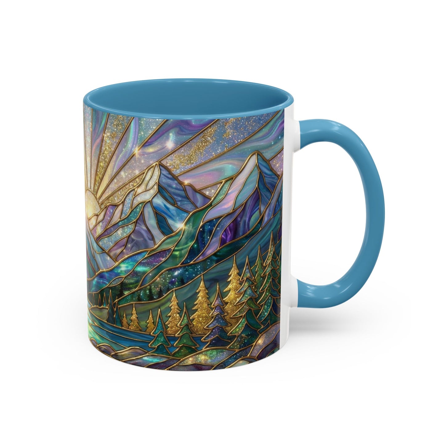 Stained Glass Mountain Mug, Mountain Landscape Coffee Cup, Galaxy Sky Nature Ceramic Mug, Sunrise River Forest Art, 11oz 15oz Gift