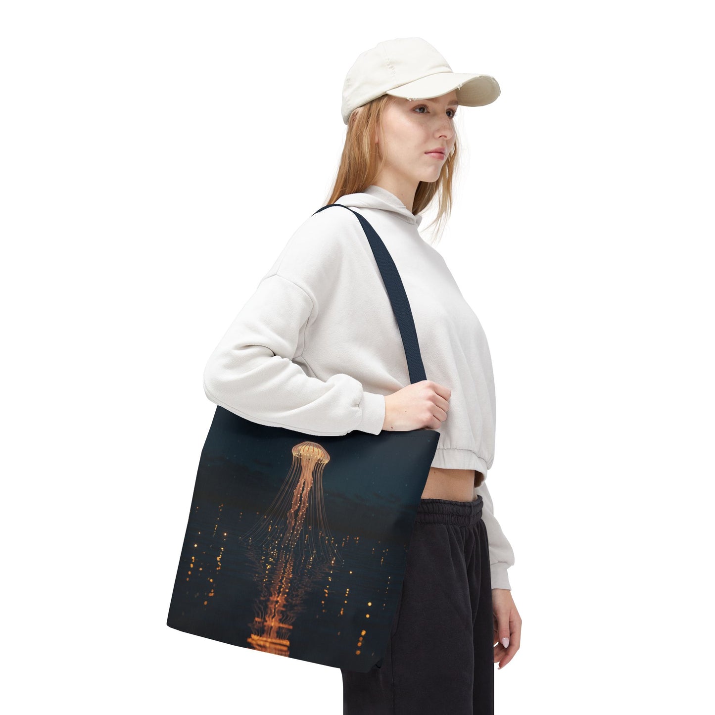 Luminous Jellyfish Tote Bag, Glow-Inspired Ocean Design Shoulder Bag, Durable Polyester Tote For Everyday Style, Gifts, And Coastal Fashion