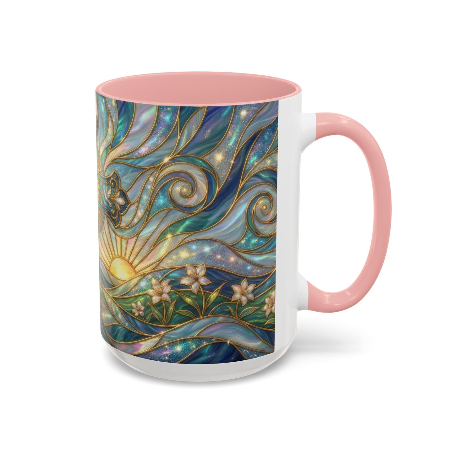 Stained Glass Cross Mug, Christian Coffee Cup, Religious Easter Gift, Celestial Faith Mug, Spiritual Sunrise Cup, Dove Lily Print Mug