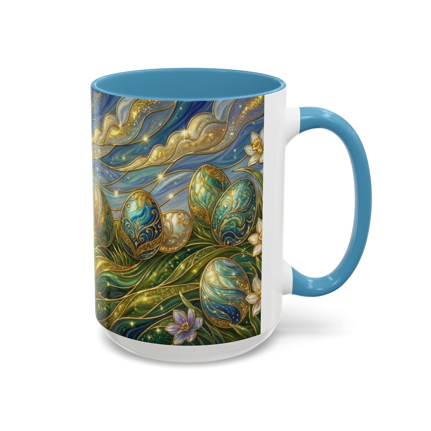 Stained Glass Easter Egg Mug, Magical Spring Floral Coffee Cup, Art Nouveau Fantasy Teacup, Elegant Celestial Starry Sky Mug Gift Idea