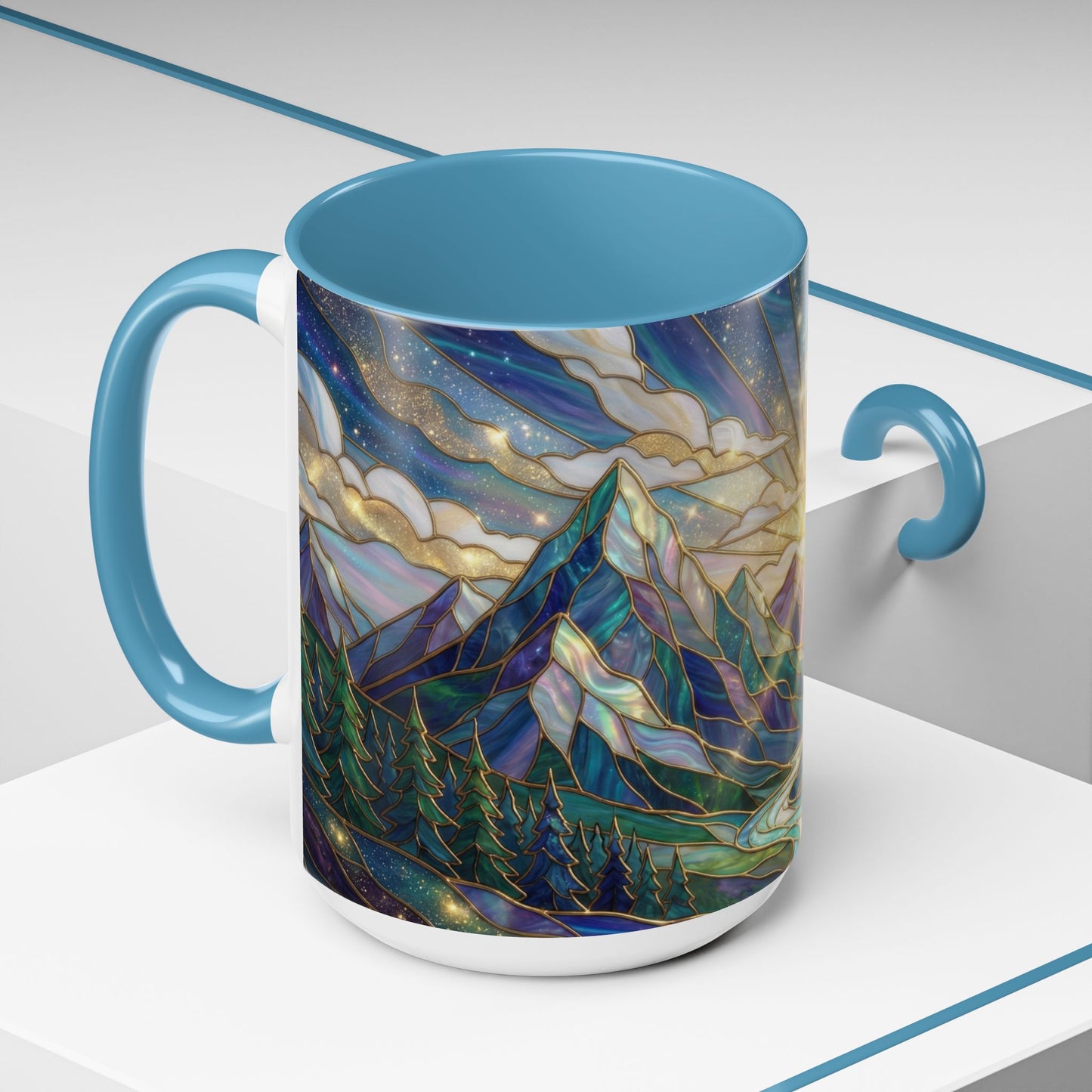 Mountain Art Mug, Scenic Mountain Coffee Cup, Nature Lover Ceramic Mug, Stained Glass Style Landscape, 11oz 15oz Gift, Outdoor Hiking Mug, Unique Coffee Tea Cup