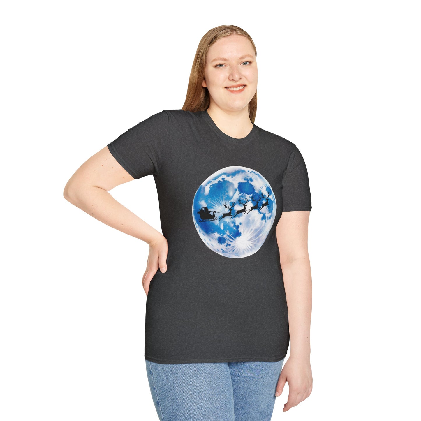 Santa Moon Christmas T-Shirt, Reindeer Sleigh Christmas Tee, Holiday Moonlight Xmas Shirt, Festive Christmas Graphic Tee, Winter Night Christmas Gift Tee