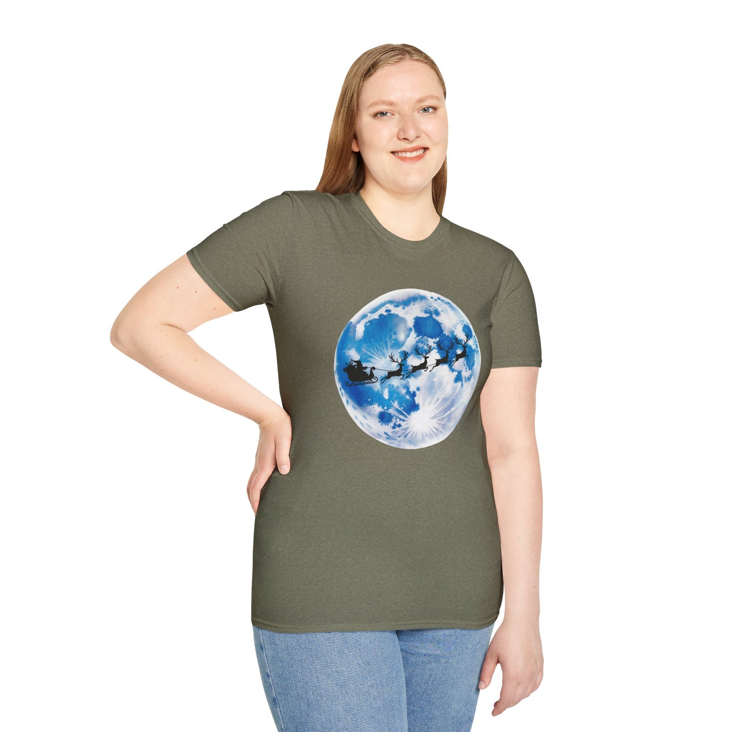 Santa Moon Christmas T-Shirt, Reindeer Sleigh Christmas Tee, Holiday Moonlight Xmas Shirt, Festive Christmas Graphic Tee, Winter Night Christmas Gift Tee