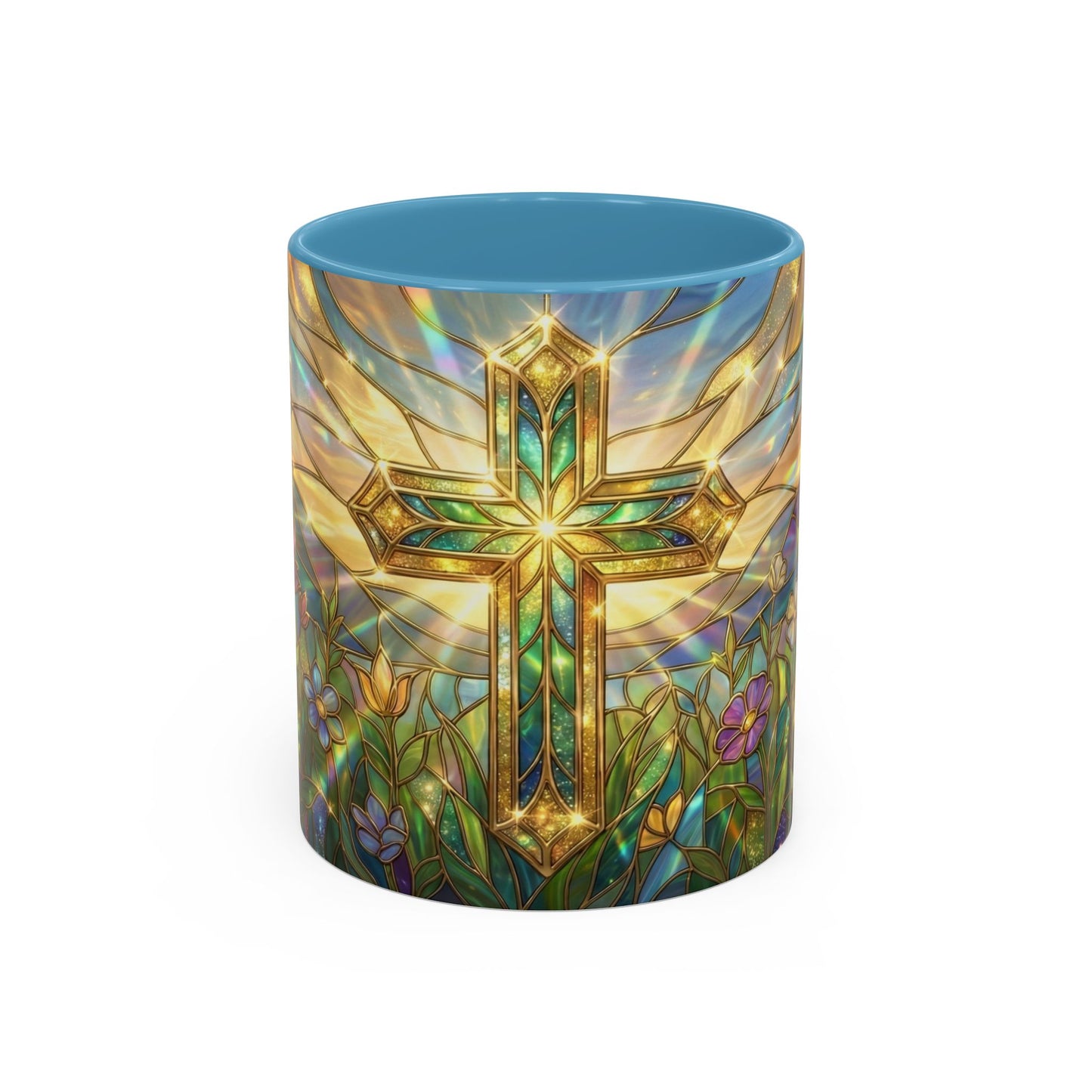 Stained Glass Cross Mug, Christian Coffee Cup With Floral Design, Faith Inspired Ceramic Mug, Religious Gift, 11oz 15oz