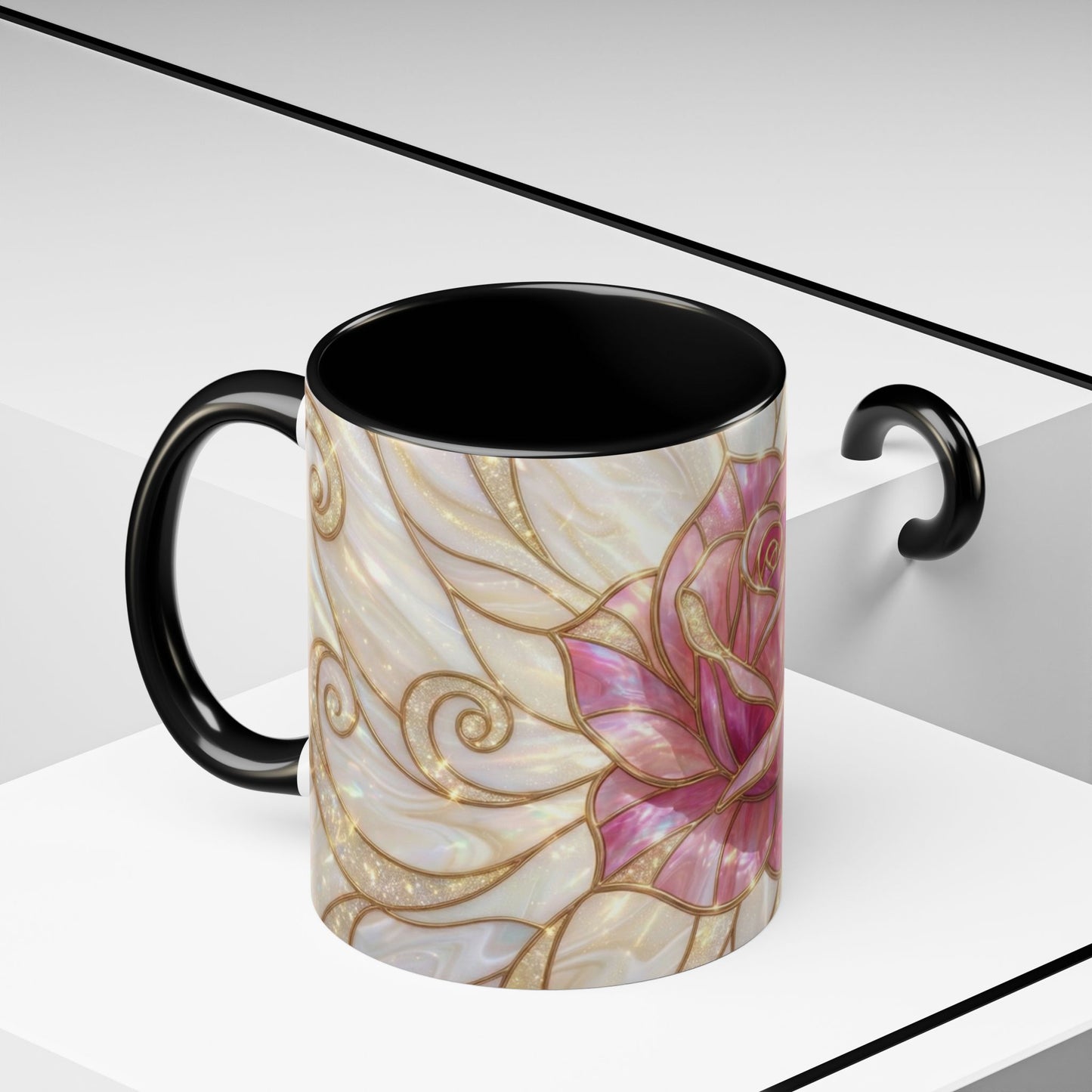 Pink Rose Stained Glass Mug, Gold Floral Coffee Cup, Romantic Flower Tea Cup, Gardener Gift For Mom, Botanical Art, Wife Birthday Gift
