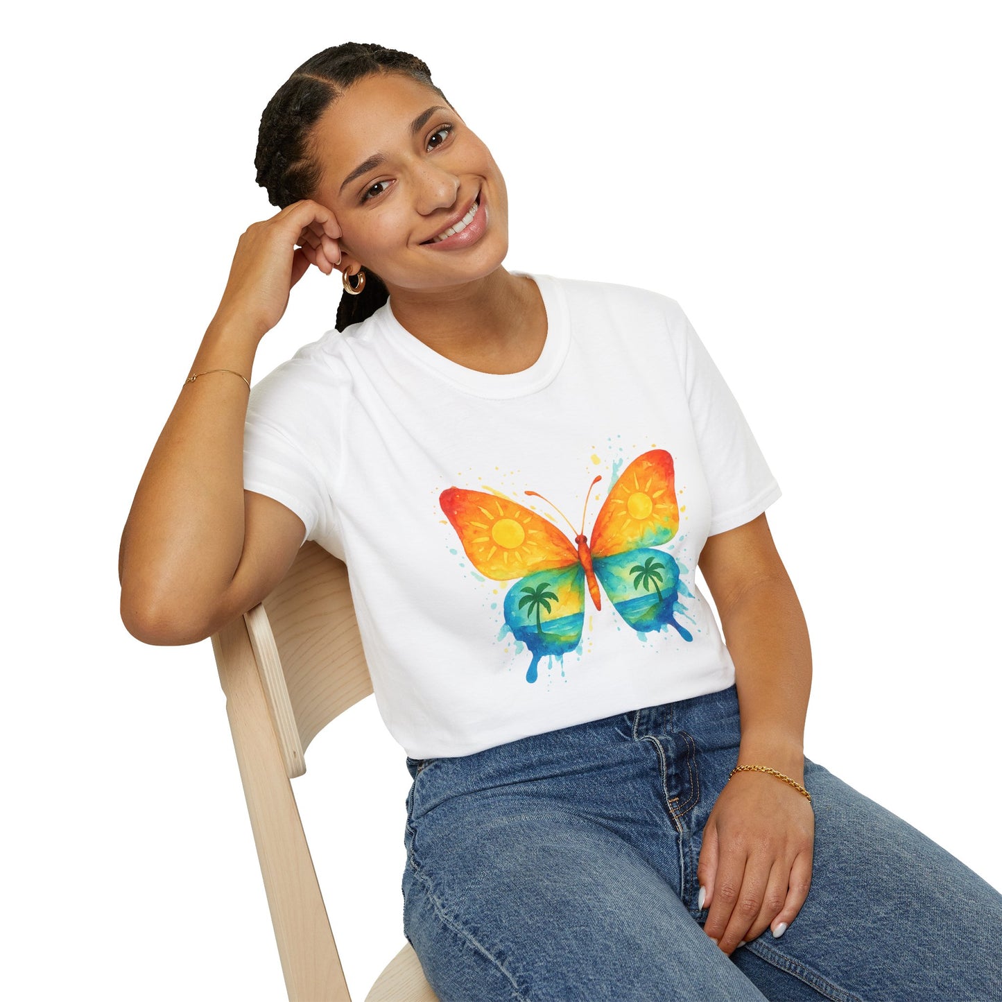 Butterfly Sunset Beach Tee - Ocean & Palm Watercolor Butterfly T-Shirt, Coastal Boho Graphic, Nature Lover Gift, Unisex Casual Tee
