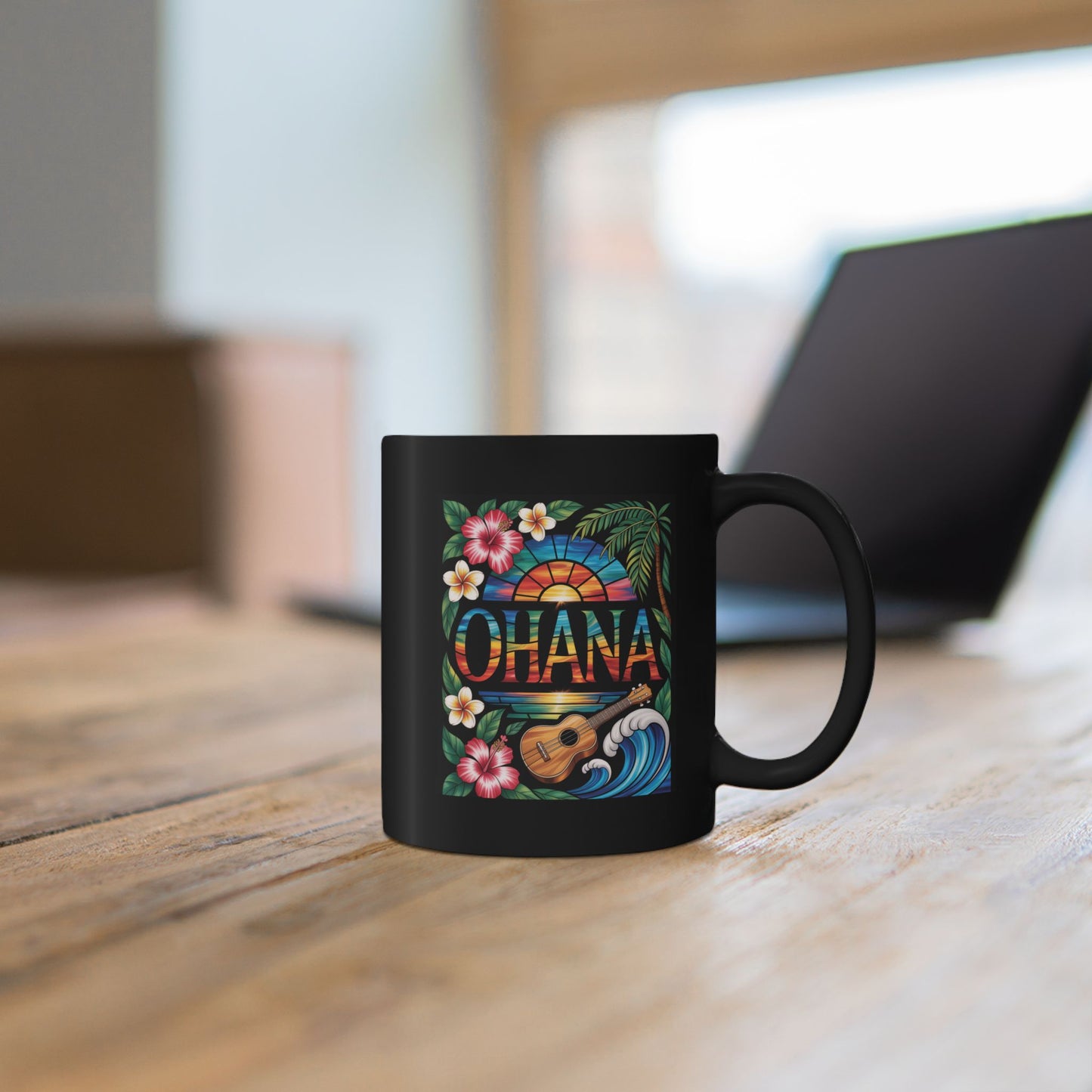 Ohana Mug Hawaiian Coffee Cup Tropical Sunset, Hibiscus Flowers, Ukulele, Aloha Gift