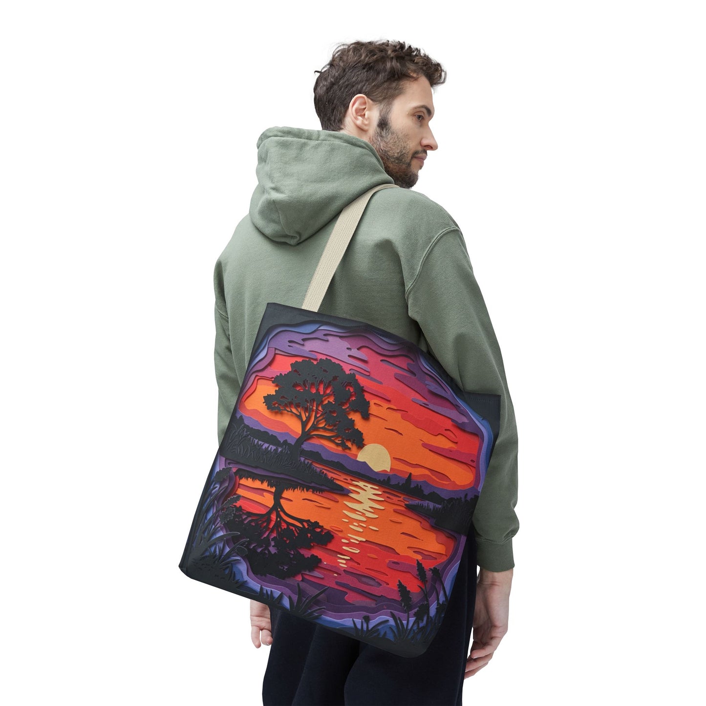Sunset Landscape Canvas Tote Bag – Paper‑Art Inspired Nature Scene Tote – Colorful Sunset Market Tote, Eco Reusable Beach Bag, Vibrant Gift for Her