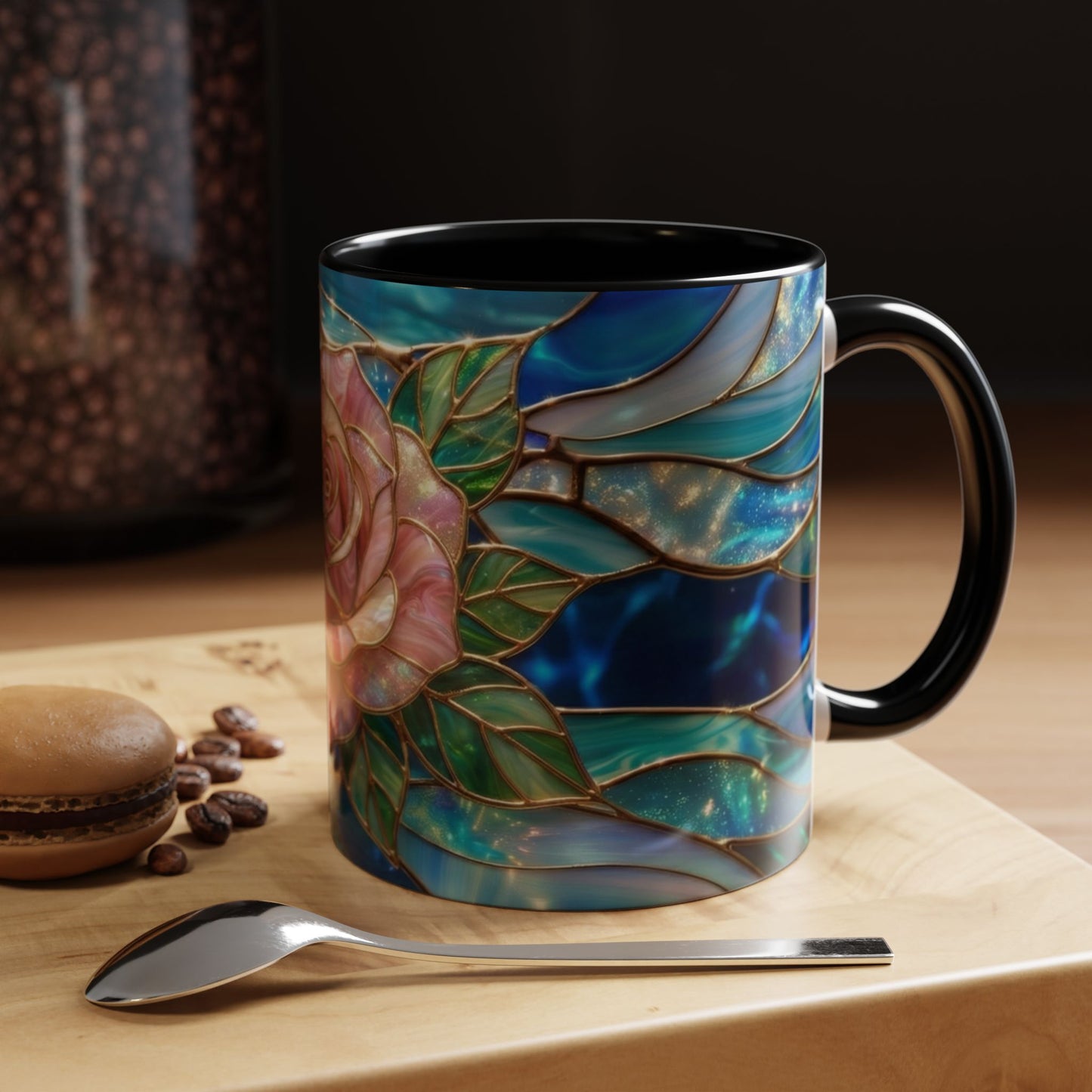 Stained Glass Rose Mug, Pink Flower Coffee Cup, Fantasy Floral Tea Cup, Magical Garden Gift, Galaxy Rose Art, Botanical Lover Present