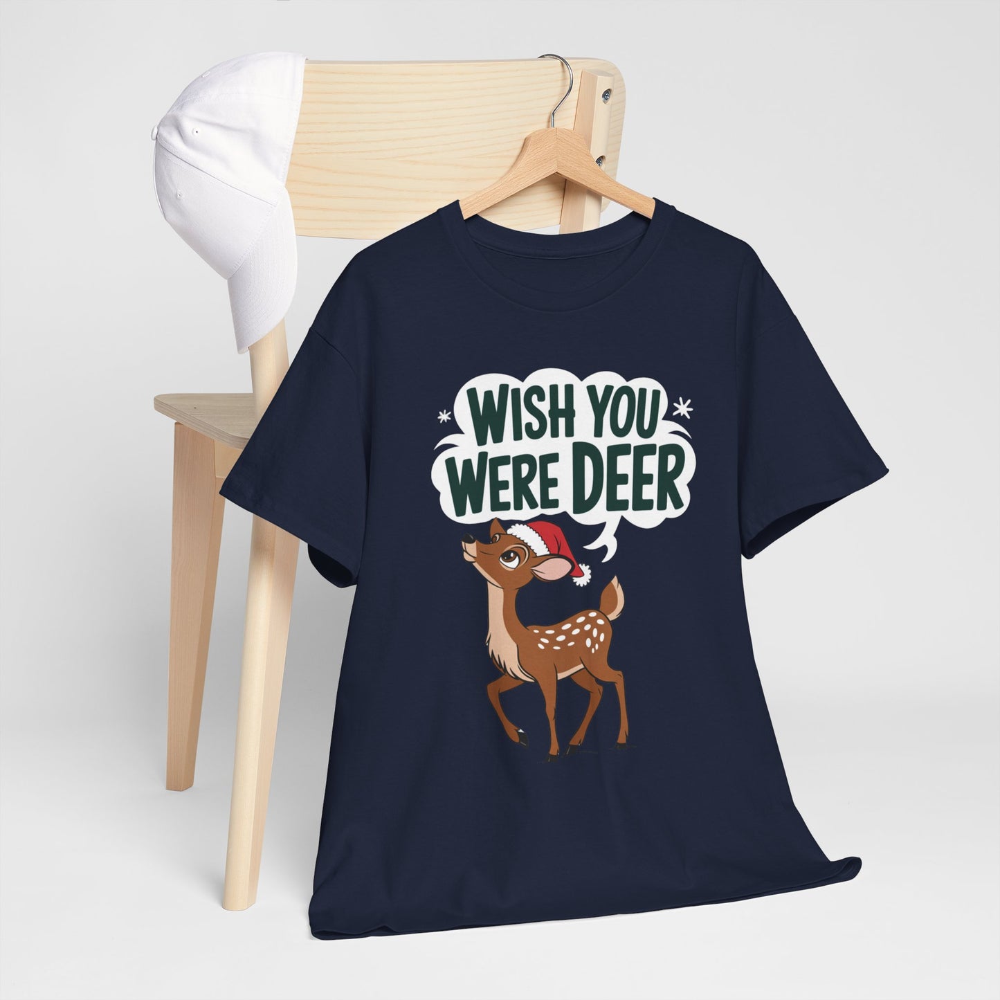 Wish You Were Deer Funny Christmas T-Shirt, Cute Reindeer Holiday Tee, Pun Christmas Shirt, Festive Santa Hat Deer Graphic Tee Gift