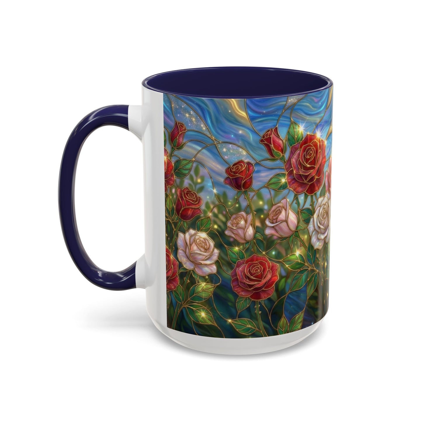 Stained Glass Rose Garden Mug, Floral Rose Coffee Cup, Elegant Flower Mug, Blue Green Gold Glass Style Design, Romantic Gift For Her