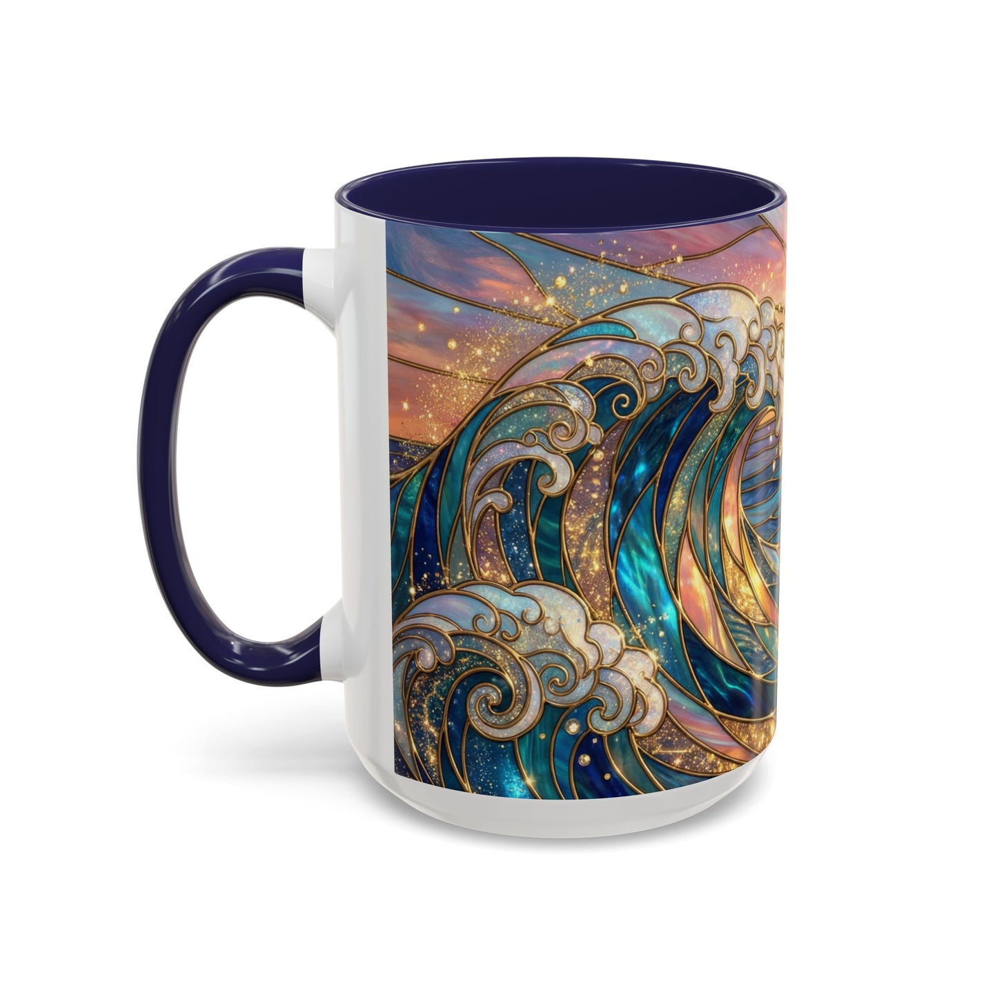 Stained Glass Ocean Wave Mug, Sunrise Beach Coffee Cup, Japanese Art Gift, Coastal Decor Kitchen, Mosaic Sea Tea Cup, Blue Gold Nature Lover