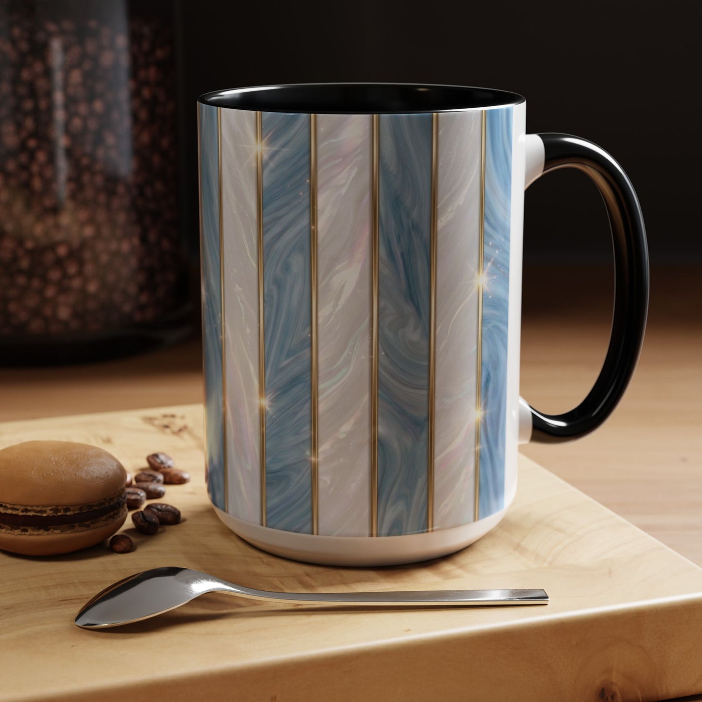 Faux Stained Glass Mug, Blue Pearlescent Coffee Cup, Art Deco Stained Glass Decor, Elegant Gold Stripe Teacup, Unique Art Gift For Her