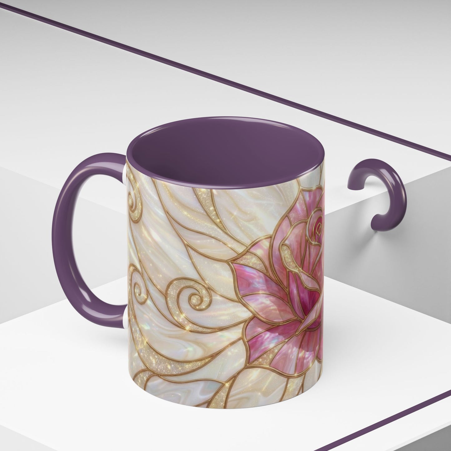Pink Rose Stained Glass Mug, Gold Floral Coffee Cup, Romantic Flower Tea Cup, Gardener Gift For Mom, Botanical Art, Wife Birthday Gift
