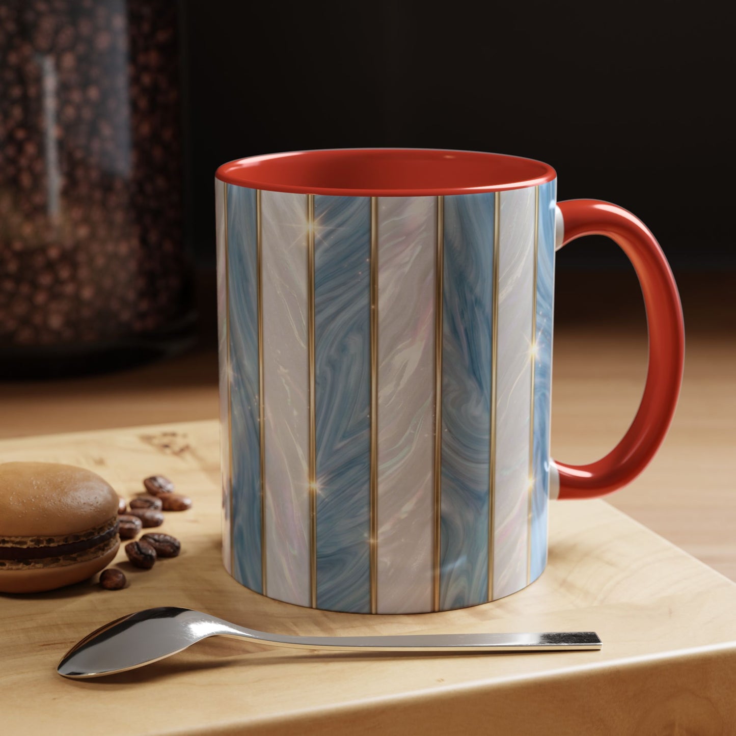 Faux Stained Glass Mug, Blue Pearlescent Coffee Cup, Art Deco Stained Glass Decor, Elegant Gold Stripe Teacup, Unique Art Gift For Her