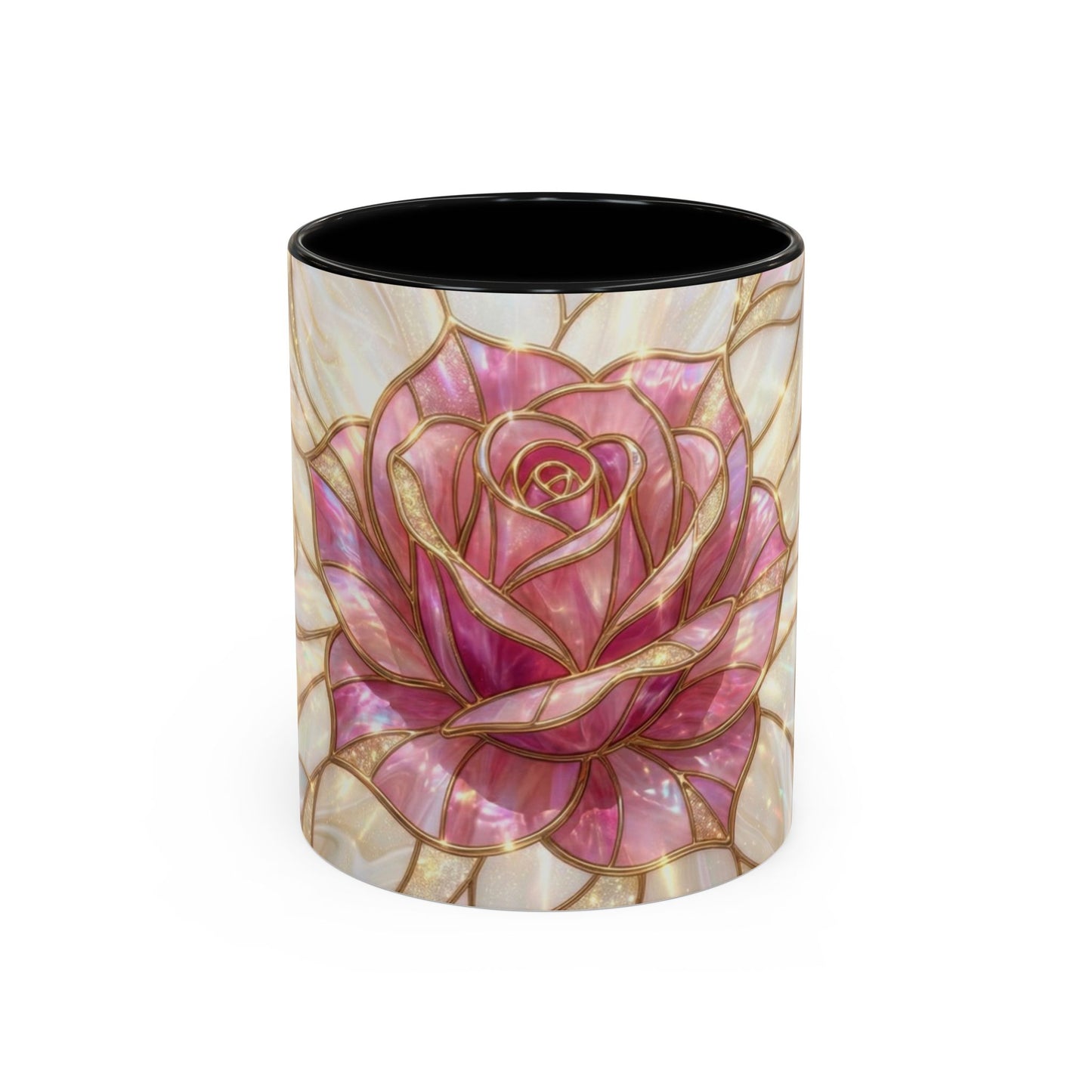 Pink Rose Stained Glass Mug, Gold Floral Coffee Cup, Romantic Flower Tea Cup, Gardener Gift For Mom, Botanical Art, Wife Birthday Gift