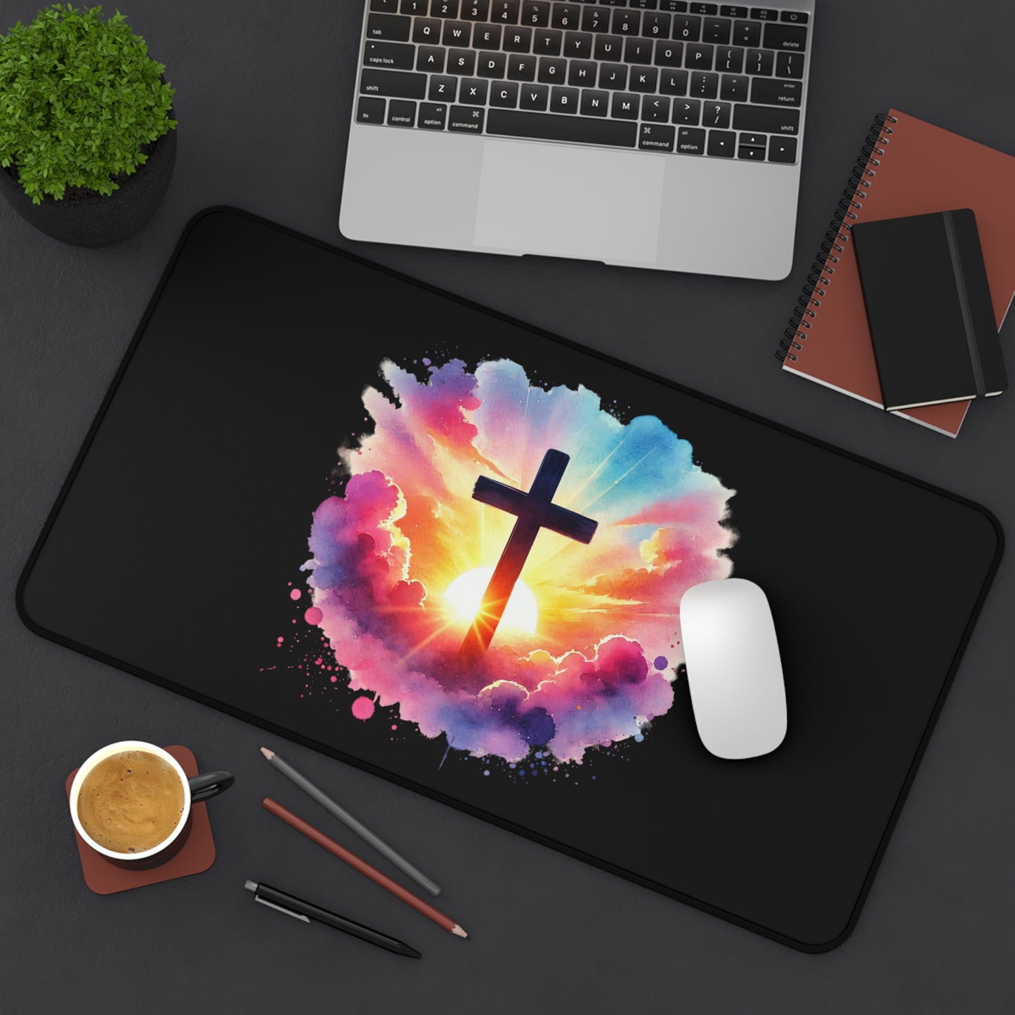 Inspirational Watercolor Christian Desk Mat, Easter Mouse Pad, Faith Decor, Religious Desk Mat, Cross Mouse Pad Desk Mat