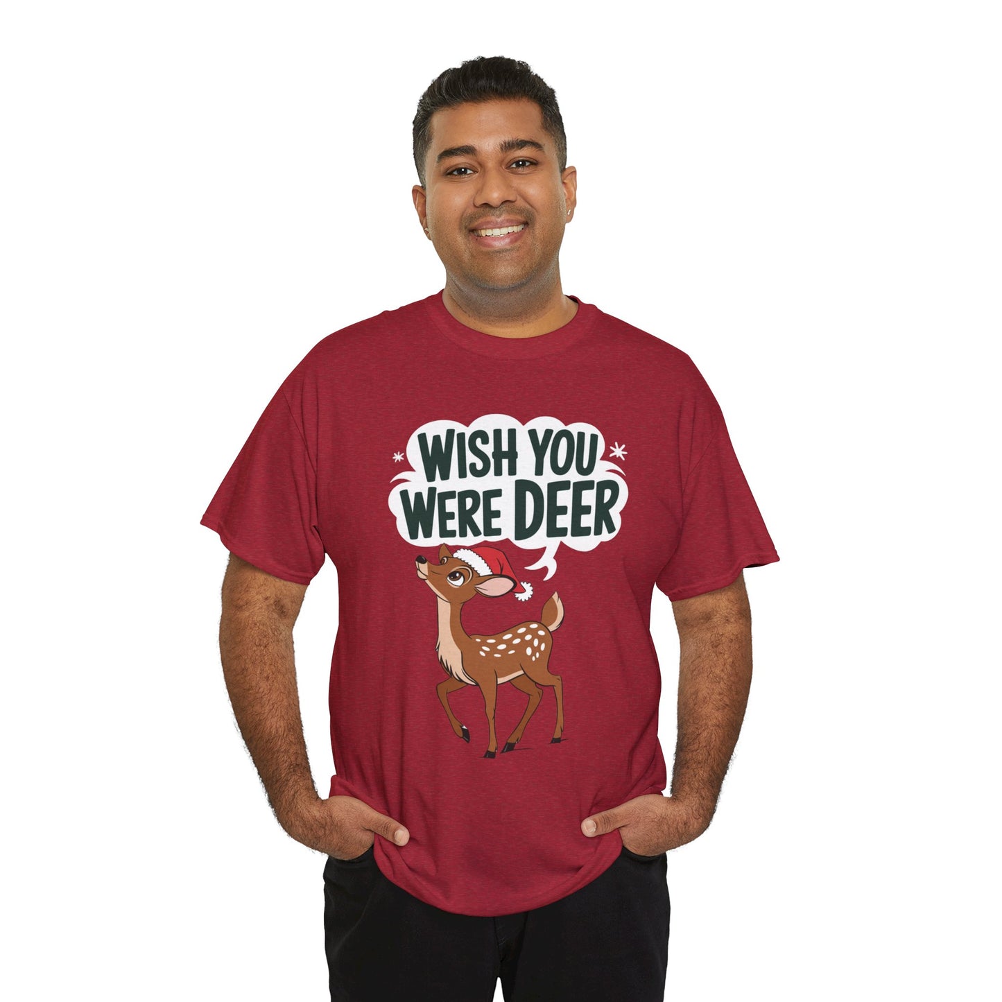 Wish You Were Deer Funny Christmas T-Shirt, Cute Reindeer Holiday Tee, Pun Christmas Shirt, Festive Santa Hat Deer Graphic Tee Gift