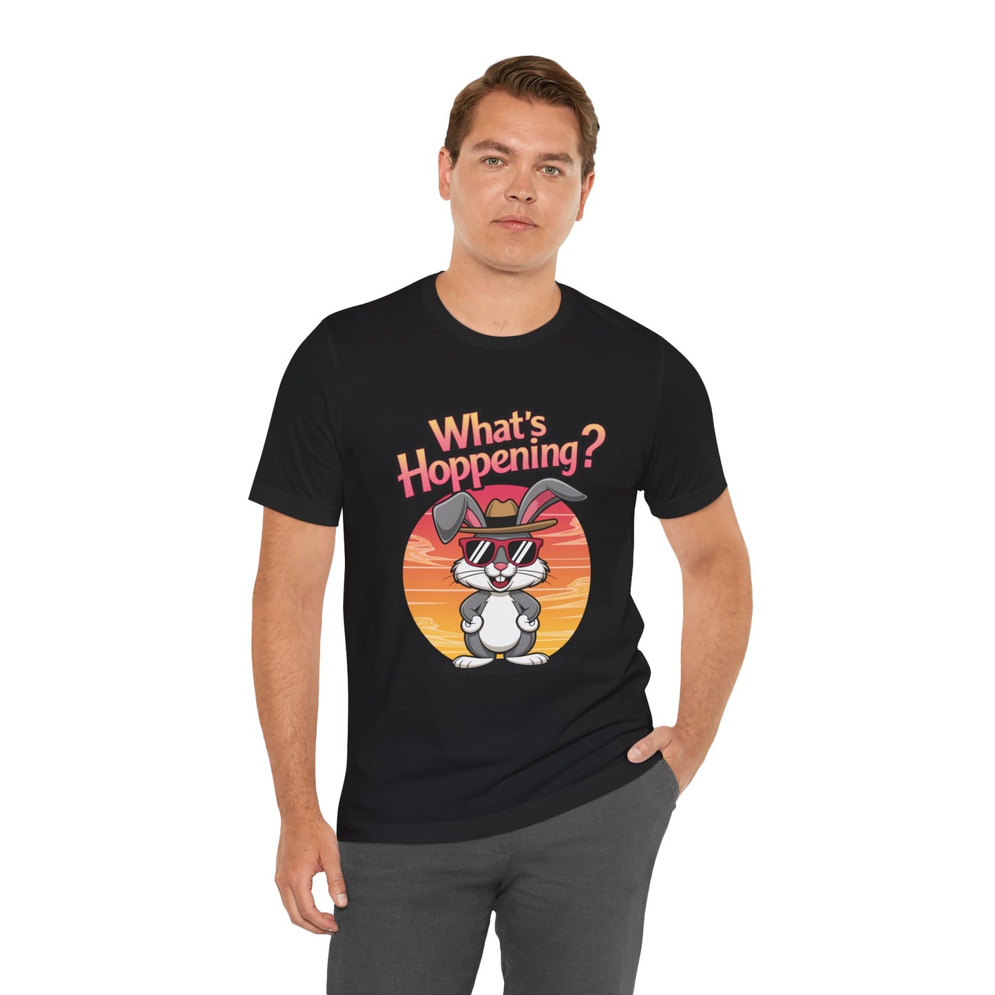 What’s Hoppening Funny Bunny Shirt – Cute Rabbit Pun T-Shirt – Sunset Graphic Tee for Animal Lovers, Easter, and Pun Enthusiasts