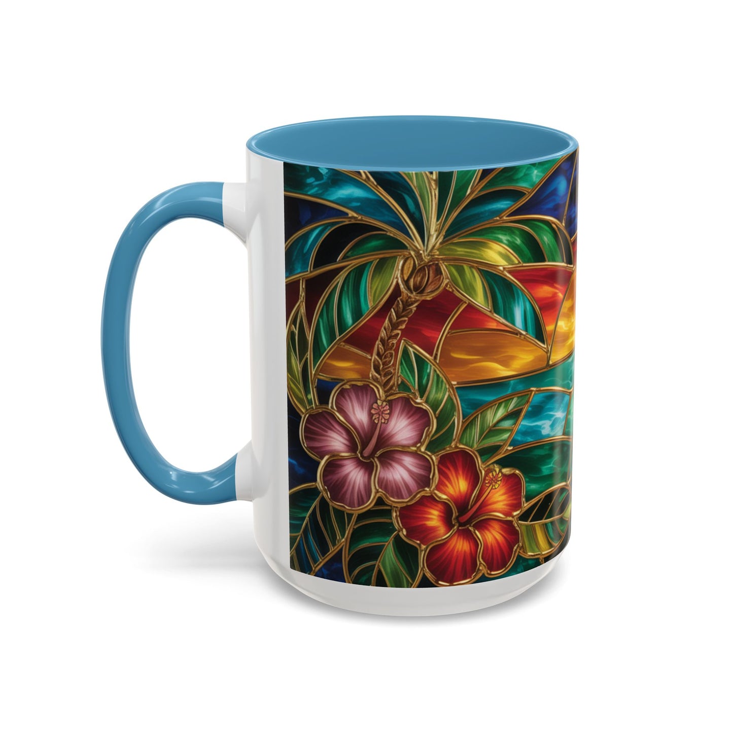 Stained Glass Tropical Sunset Mug, Hibiscus Flower Coffee Cup, Beach Lover Gift, Colorful Palm Tree Mug, Coastal Art Drinkware, Summer Cup