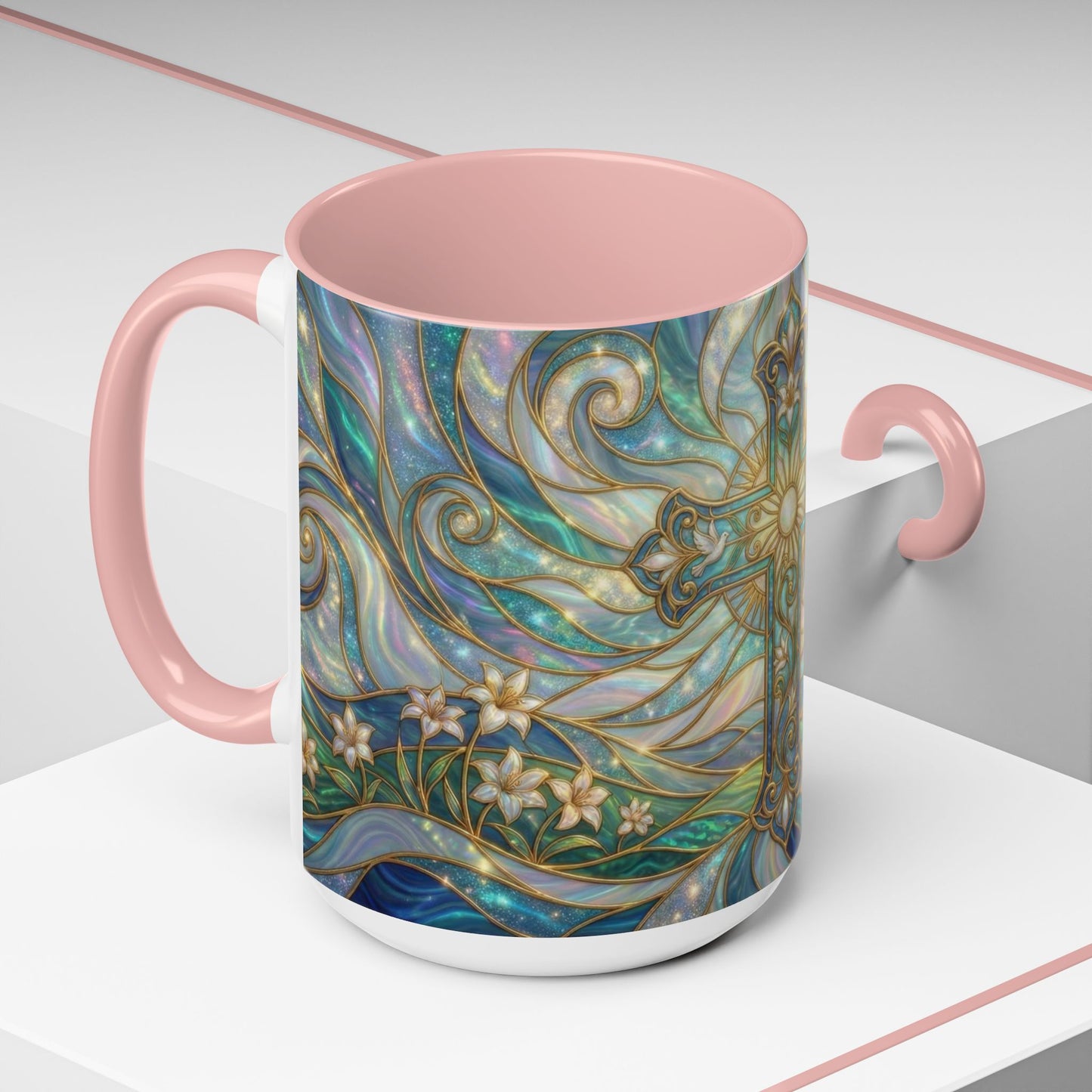 Stained Glass Cross Mug, Christian Coffee Cup, Religious Easter Gift, Celestial Faith Mug, Spiritual Sunrise Cup, Dove Lily Print Mug