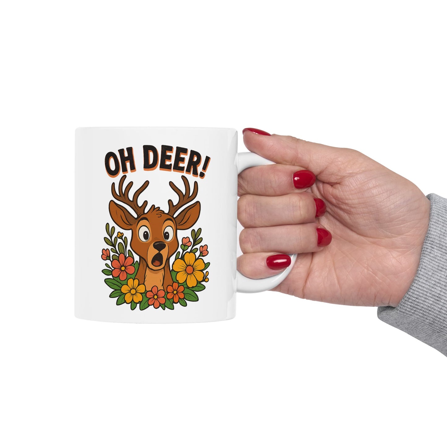 Funny Deer Coffee Mug | Oh Deer Cartoon Cup, Cute Animal Pun Gift, Nature Lover Tea Mug, Whimsical Flower Deer Cup for Wildlife Fans