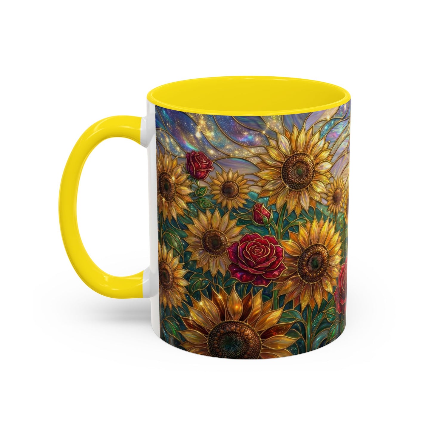 Personalized Stained Glass Sunflower Mug, Custom Red Rose Floral Coffee Cup, Celestial Night Sky Botanical Teacup, Gift For Flower Lover