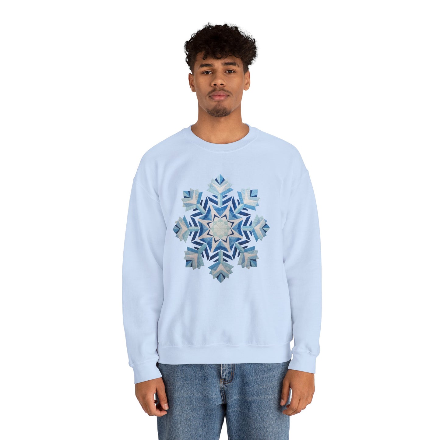 Faux Patchwork Snowflake Sweatshirt, Winter Snowflake Crewneck Unisex, Cozy Holiday Patchwork Sweatshirt, Nordic Snowflake Winter Pullover