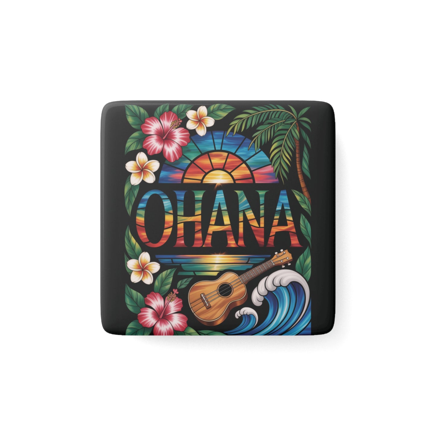 Ohana Hawaiian Porcelain Magnet - Tropical Sunset, Ukulele & Hibiscus Fridge Decor, Hawaii Gift, Family Keepsake, Aloha Kitchen Accessory