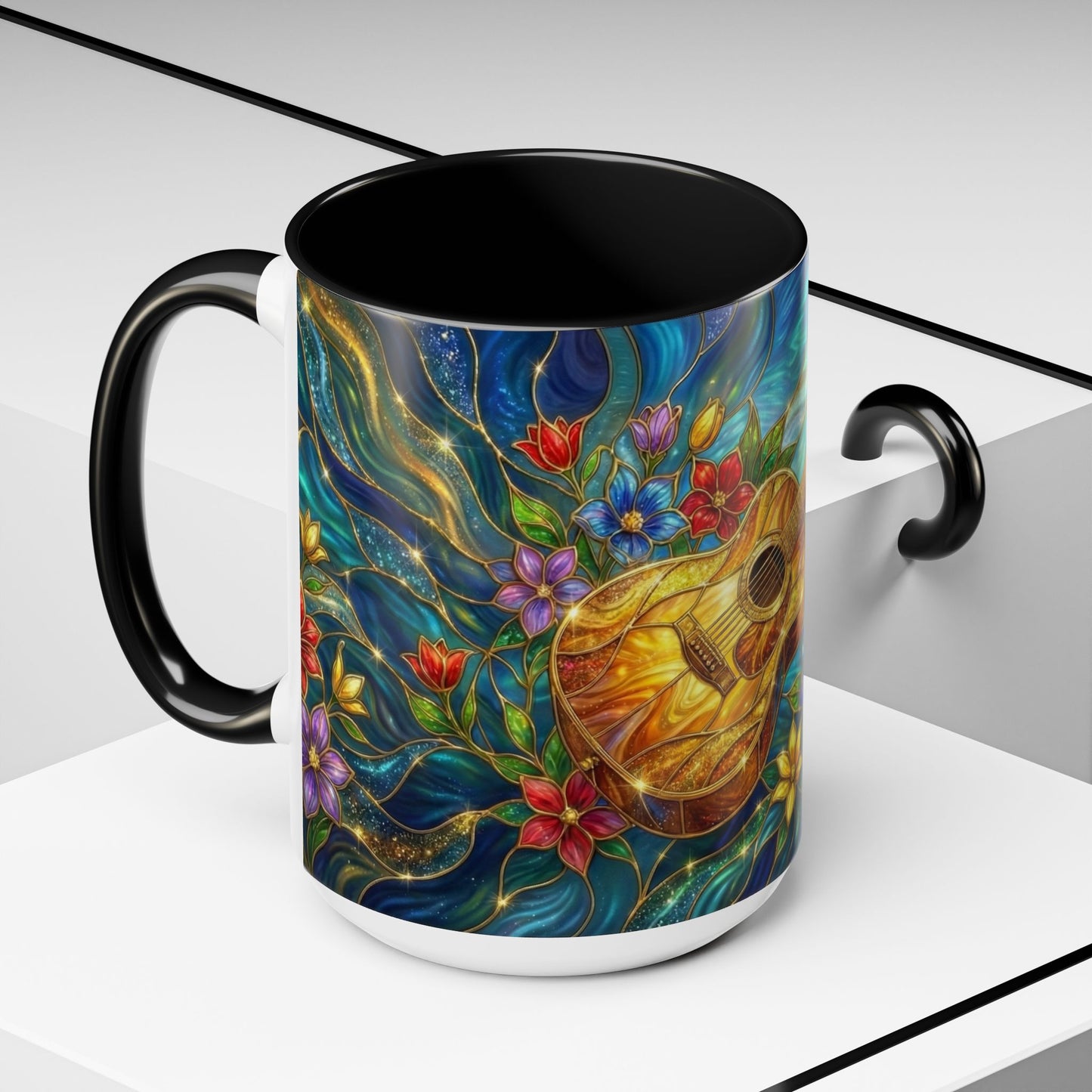 Guitar Coffee Mug, Stained Glass Guitar Art Mug, Music Lover Gift, Floral Acoustic Guitar Mug, Ceramic Coffee Cup, Unique Musician Gift, 11oz
