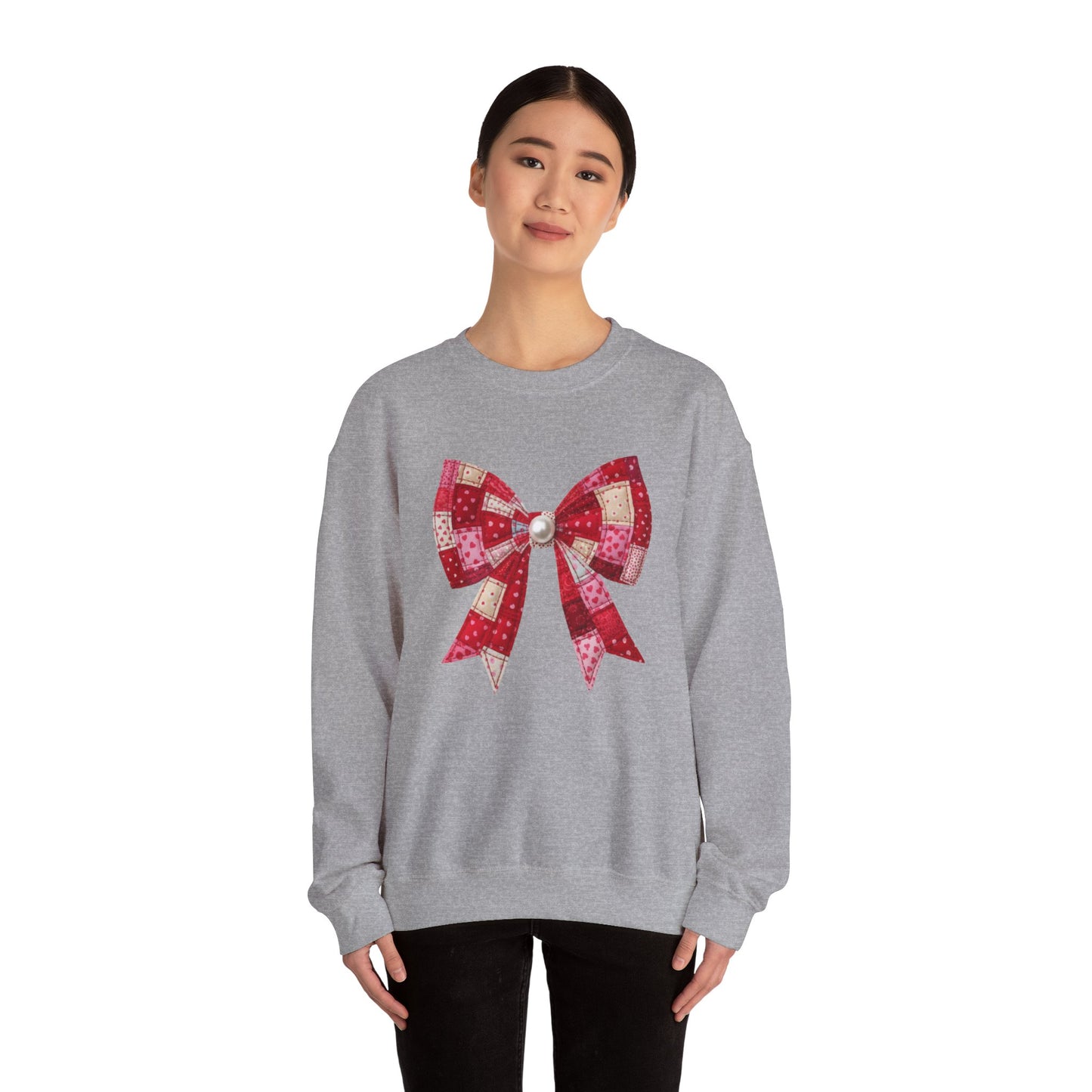Faux Patchwork Bow Sweatshirt, Quilted Look Bow Crewneck, Pearl Center Bow Pullover, Cozy Coquette Sweatshirt, Girly Gift