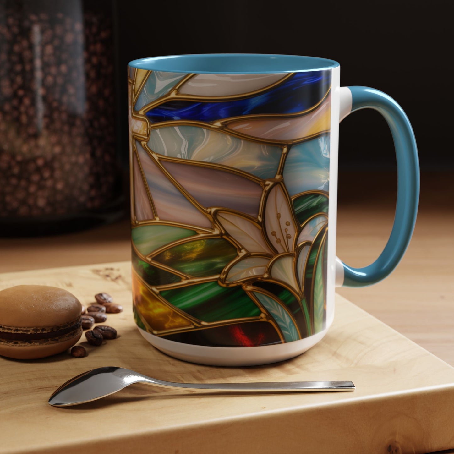Stained Glass Cross Mug, Christian Sunrise Coffee Cup, Religious Floral Art Mug, Inspirational Faith Gift For Women, Colorful Stained Glass Design