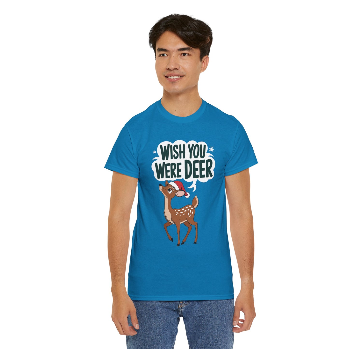 Wish You Were Deer Funny Christmas T-Shirt, Cute Reindeer Holiday Tee, Pun Christmas Shirt, Festive Santa Hat Deer Graphic Tee Gift