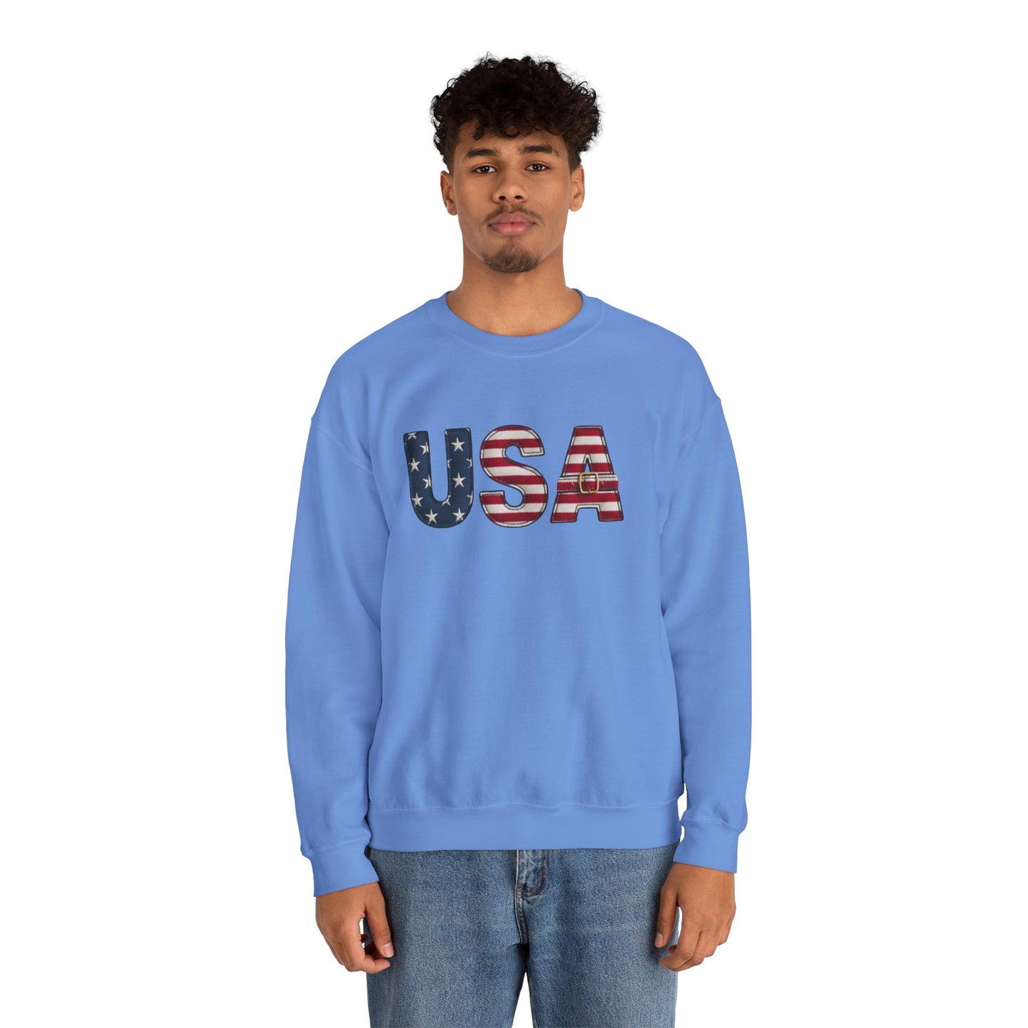 Faux Patchwork USA Sweatshirt, Patriotic Quilt Style Top, Rustic Americana Crewneck, 4th of July Shirt, Country USA Sweater, Vintage Flag Top