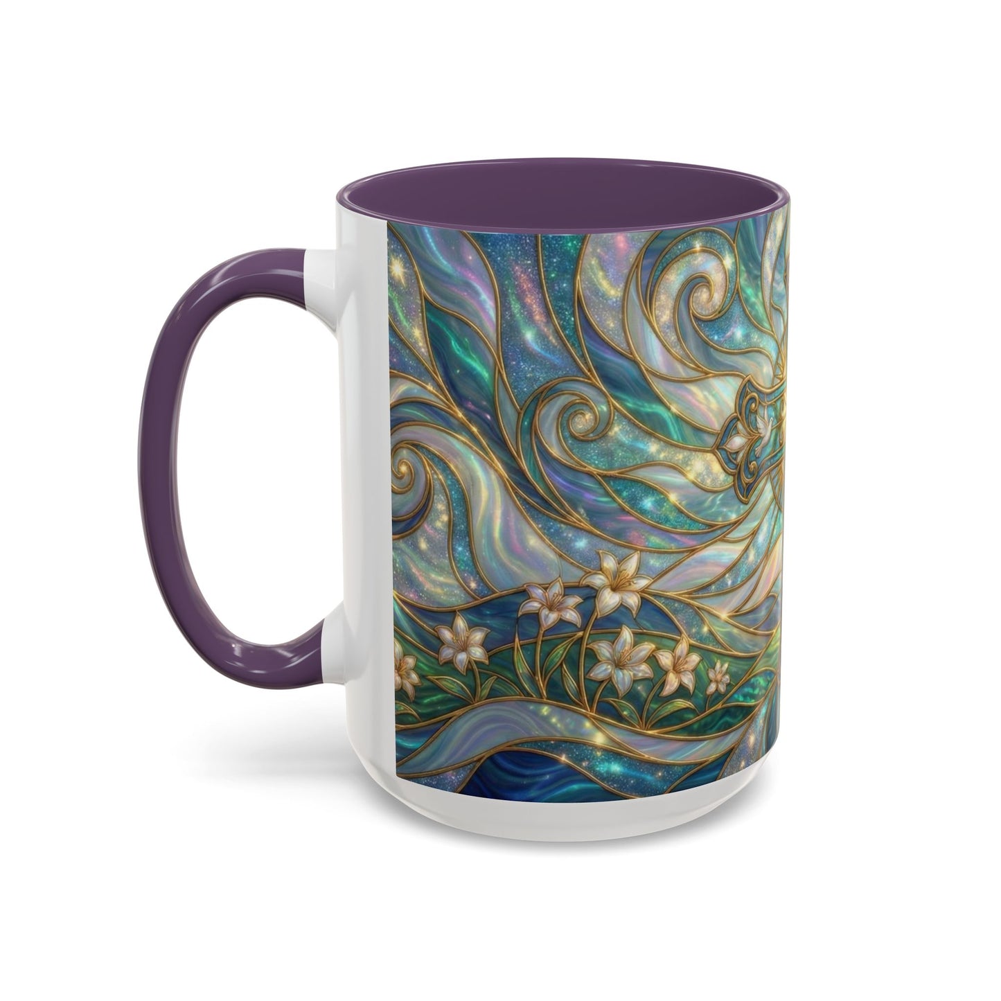 Stained Glass Cross Mug, Christian Coffee Cup, Religious Easter Gift, Celestial Faith Mug, Spiritual Sunrise Cup, Dove Lily Print Mug