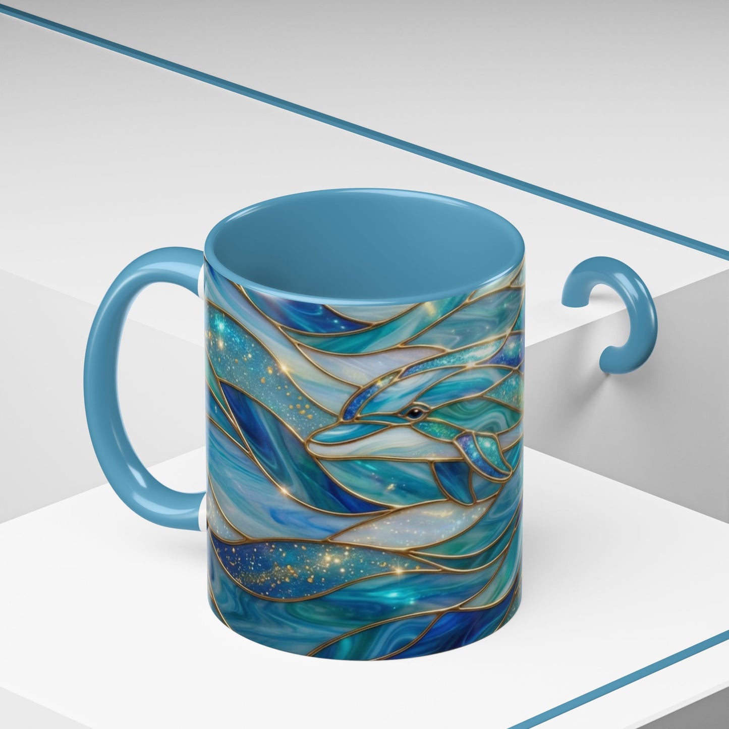 Stained Glass Dolphin Mug, Dolphin Coffee Cup, Ocean Art Mug, Sea Life Gift, Nautical Decor Mug, Coastal Dolphin Lover Gift