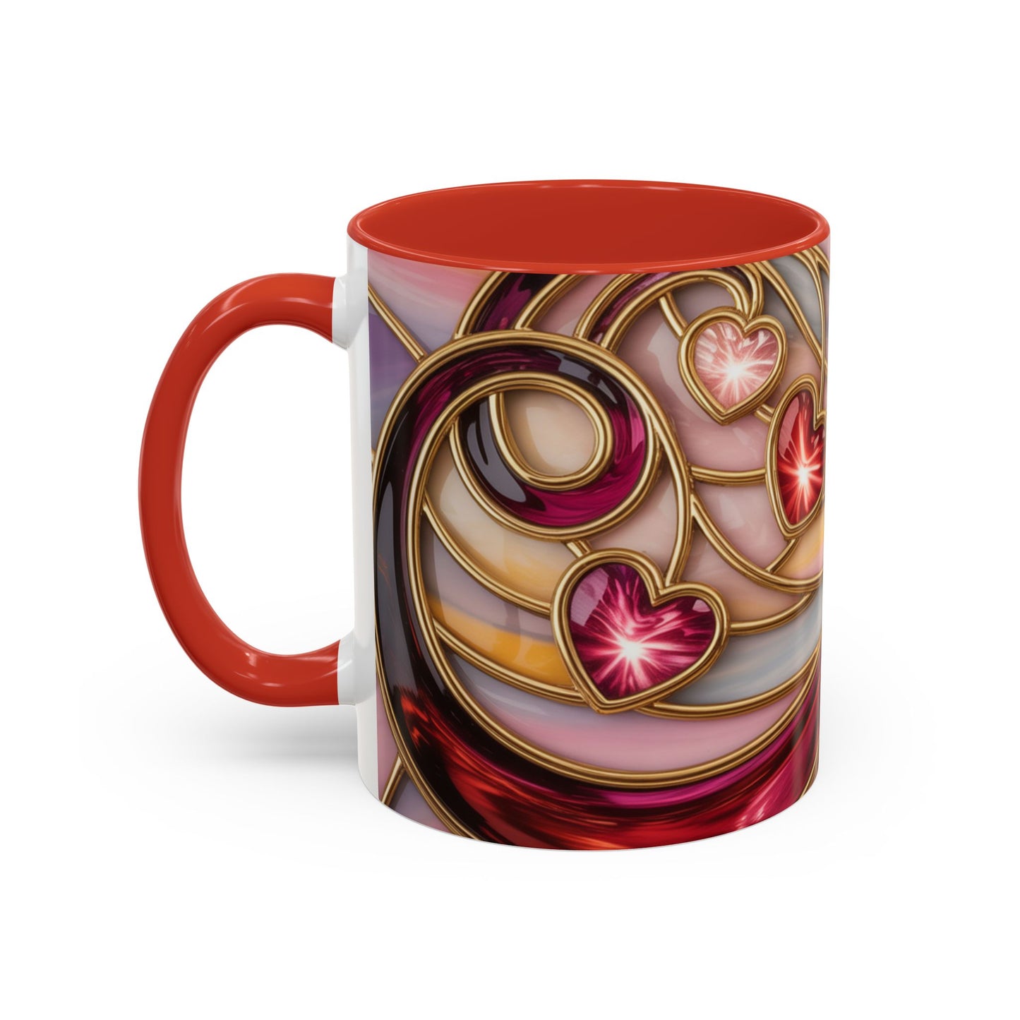 Stained Glass Heart Mug, Romantic Love Coffee Cup, Pink Red Gold Glass Style Mug, Valentine Gift For Her, Anniversary Wedding Decor