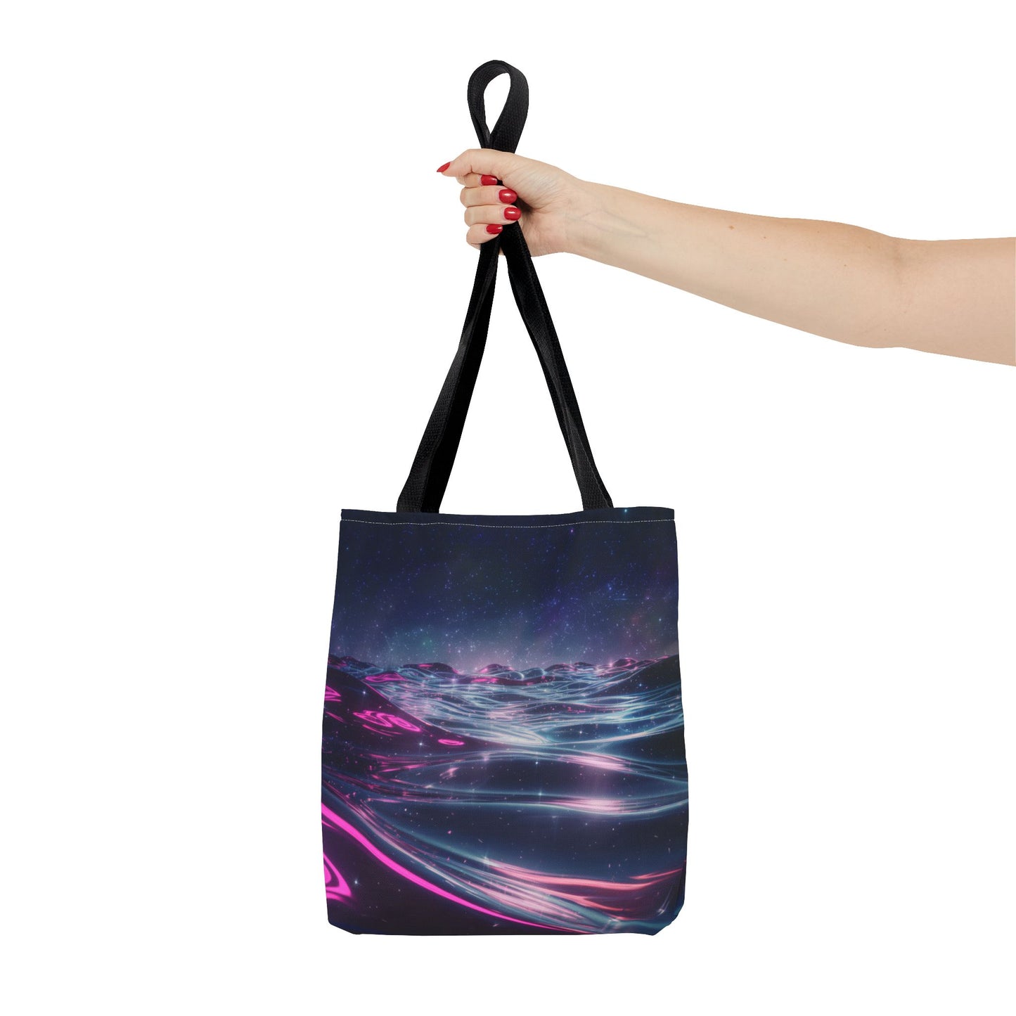 Neon Wave Horizon Tote Bag, Futuristic Ocean Design With Pink And Blue Light, Sci-Fi Aesthetic Reusable Tote For Travel, Gifts, And Everyday Use
