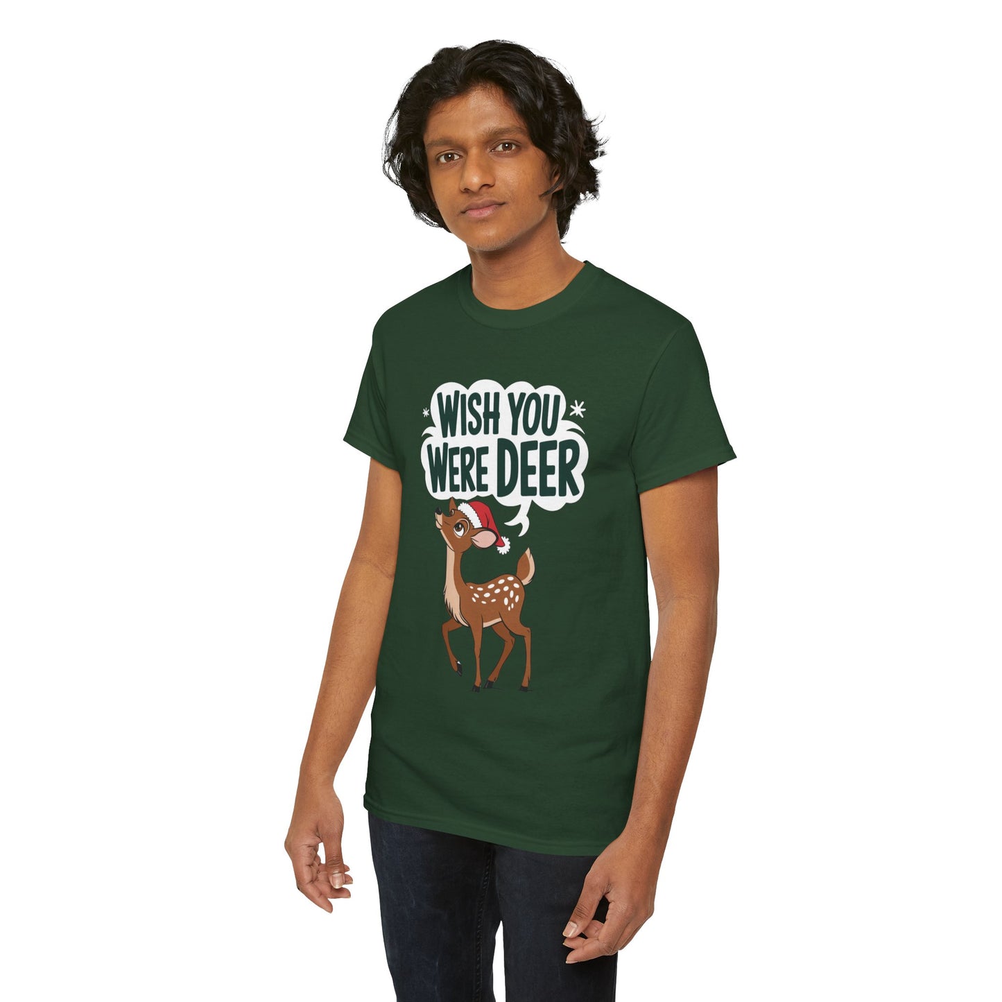 Wish You Were Deer Funny Christmas T-Shirt, Cute Reindeer Holiday Tee, Pun Christmas Shirt, Festive Santa Hat Deer Graphic Tee Gift