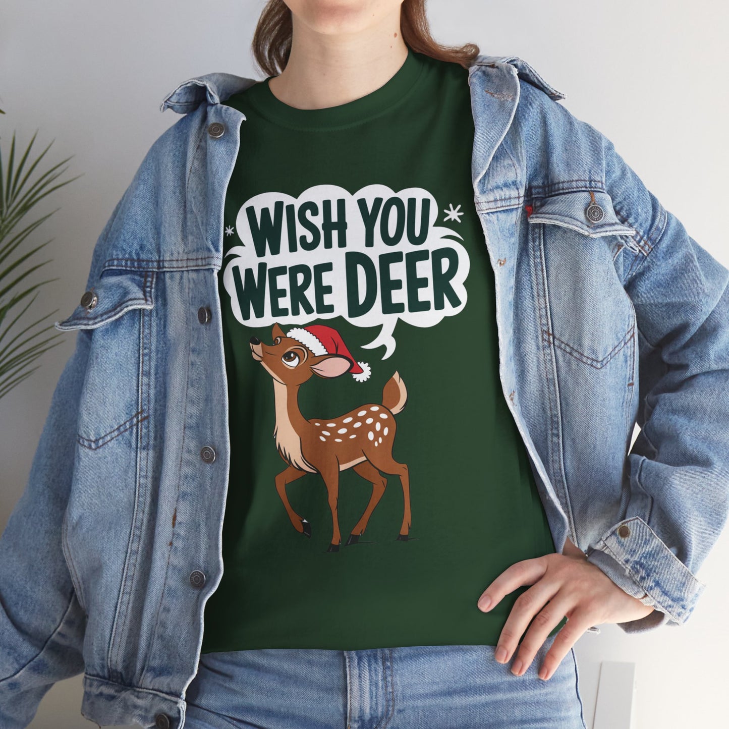 Wish You Were Deer Funny Christmas T-Shirt, Cute Reindeer Holiday Tee, Pun Christmas Shirt, Festive Santa Hat Deer Graphic Tee Gift