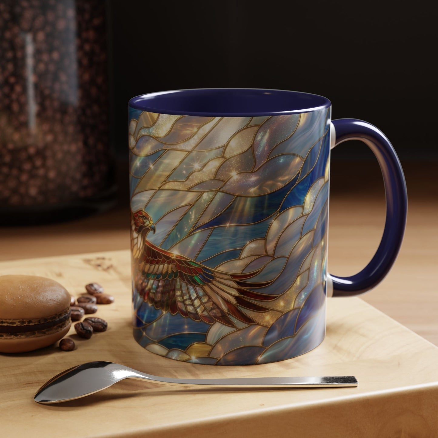 Stained Glass Hawk Mug, Soaring Bird Coffee Mug, Nature Art Hawk Cup, Bird Lover Gift, Stained Glass Style Animal Mug