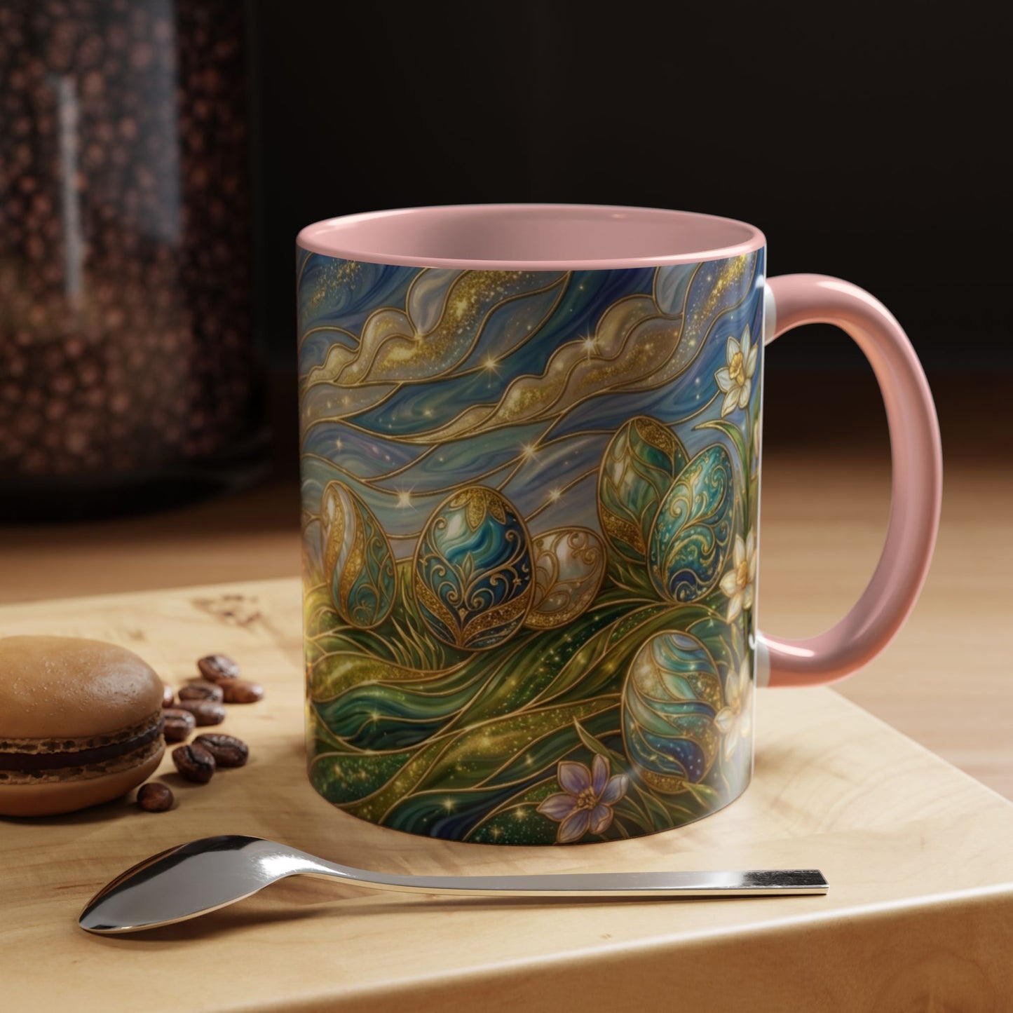 Stained Glass Easter Egg Mug, Magical Spring Floral Coffee Cup, Art Nouveau Fantasy Teacup, Elegant Celestial Starry Sky Mug Gift Idea